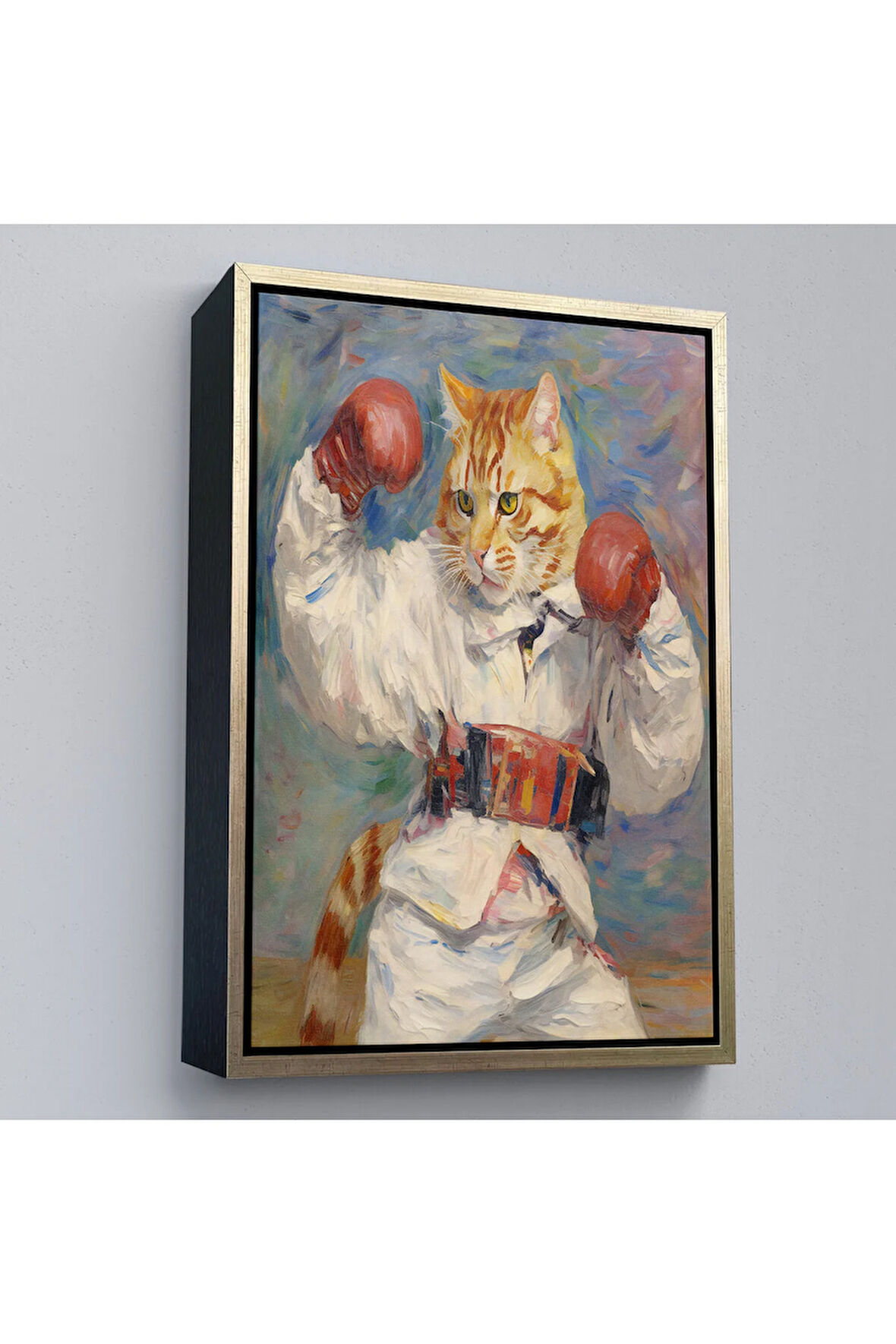 Ahşap Çerçeveli Boks Eldivenli Sevimli Kedi Tablosu-7997
