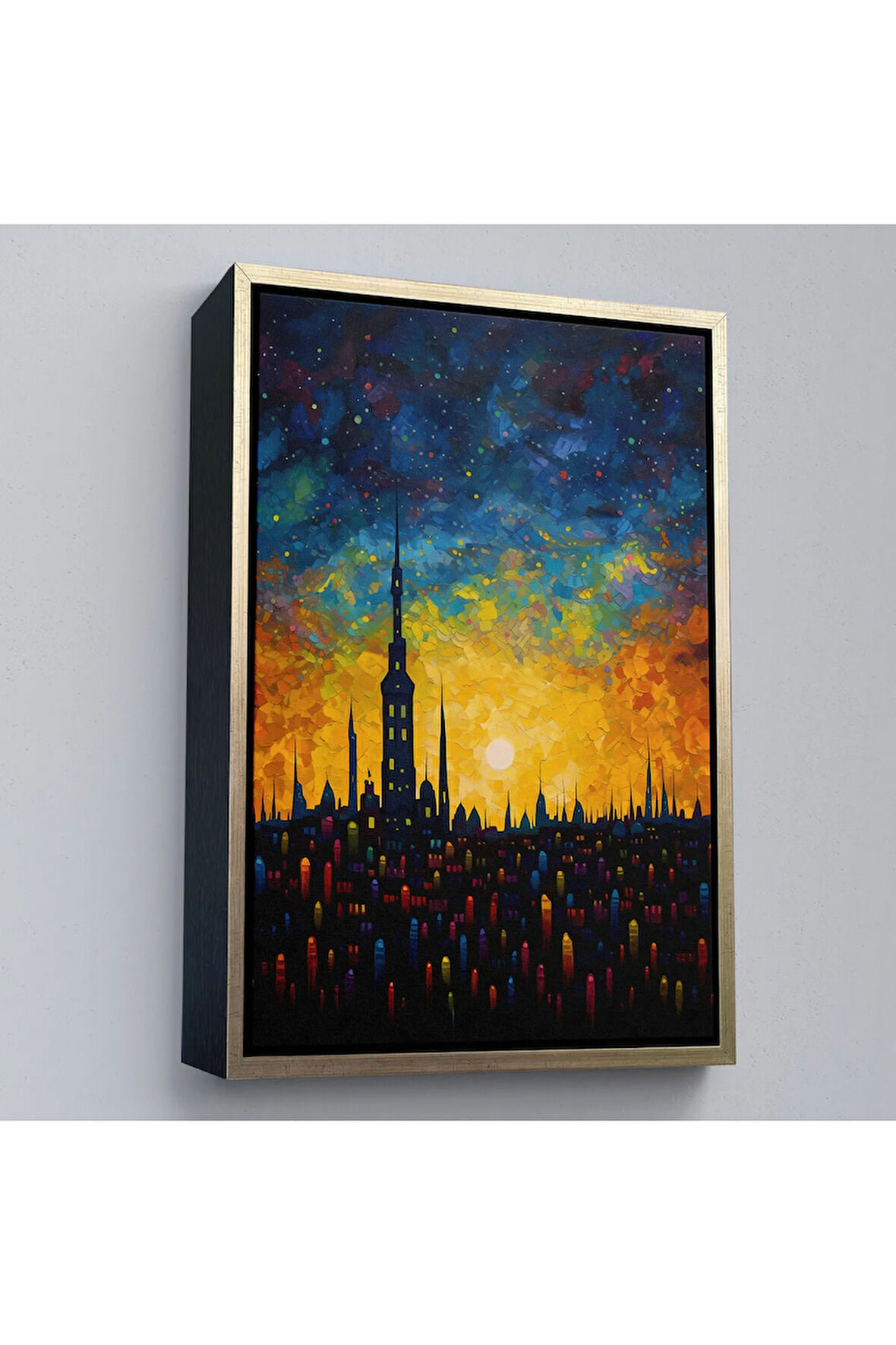 Ahşap Çerçeveli Günbatımı Şehir Manzarası Tablosu-7998