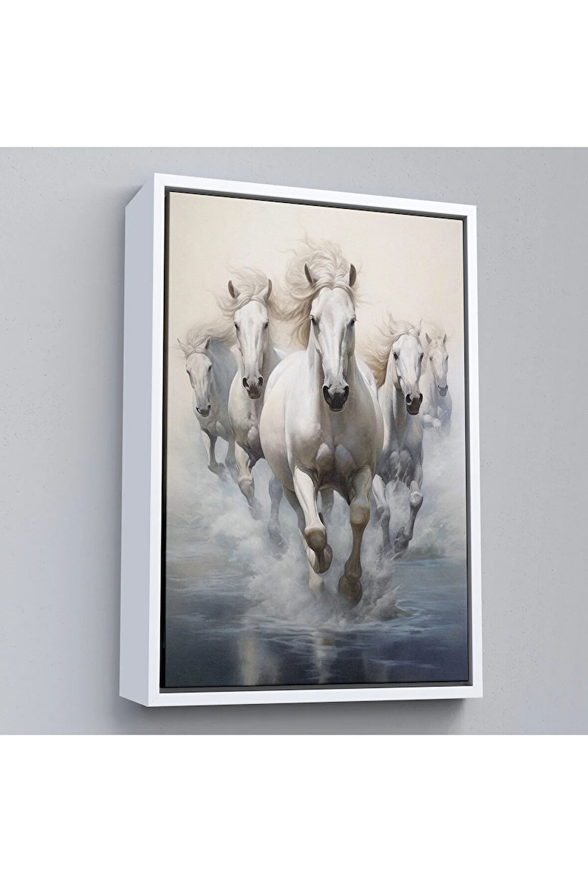 Ahşap Çerçeveli Suda Koşan Beyaz Atlar Tablosu-8000