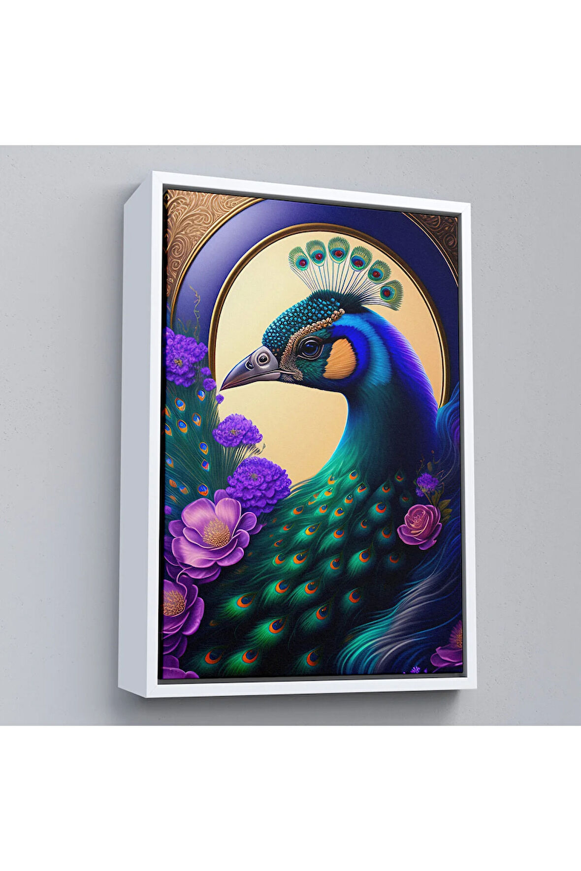 Ahşap Çerçeveli Mor Çiçekler Ortasında Tavus Kuşu Tablosu-8010