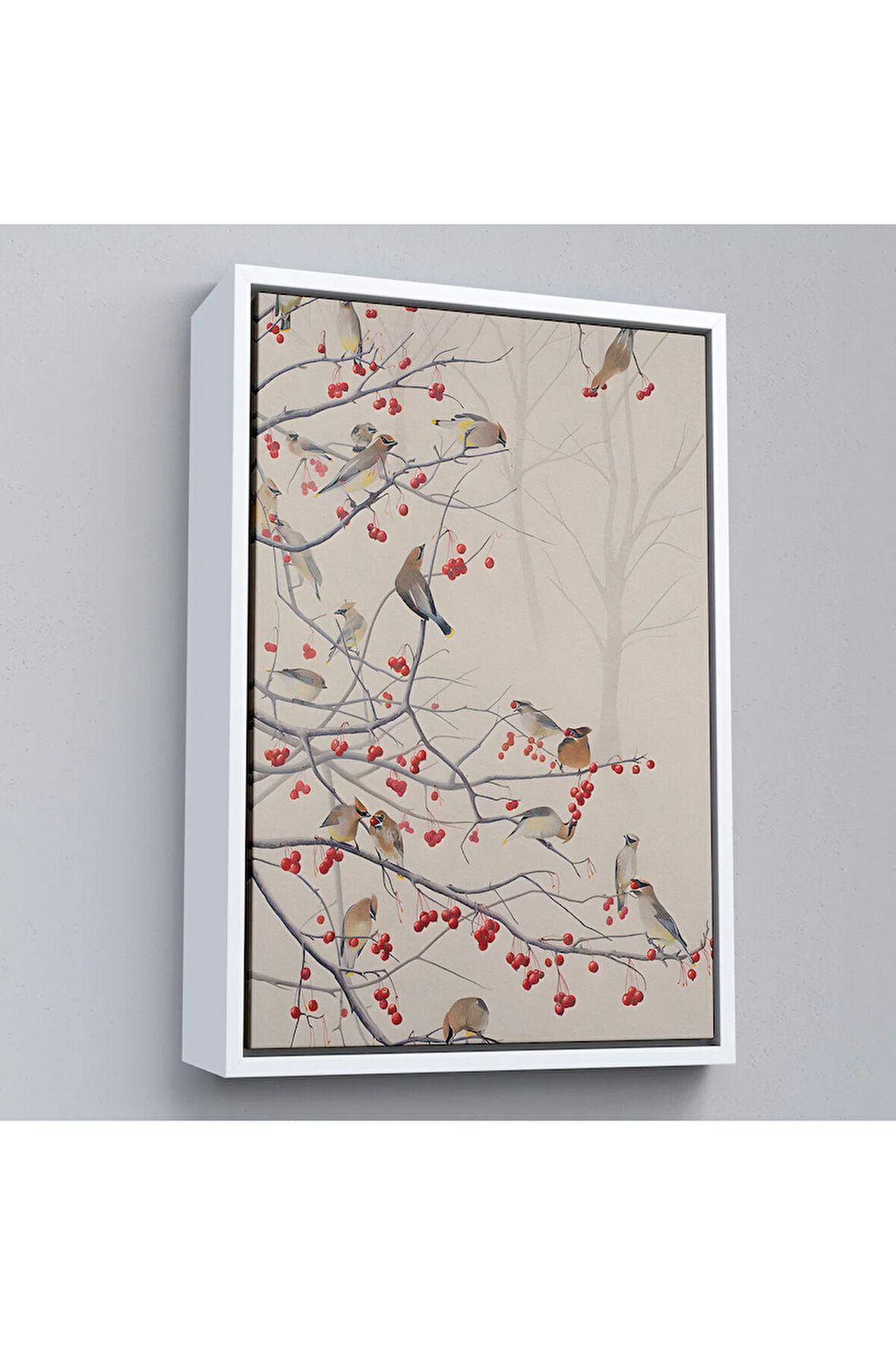 Ahşap Çerçeveli Kuşburnu Ağacındaki Kuşlar Tablosu-8042