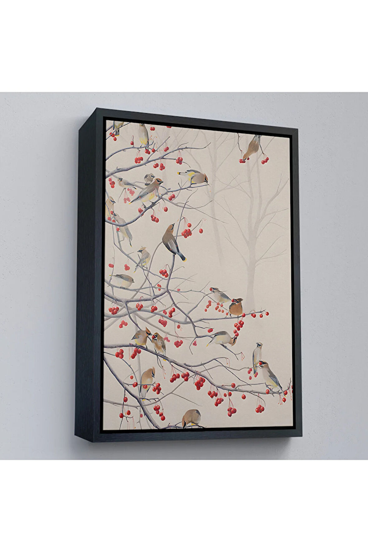 Ahşap Çerçeveli Kuşburnu Ağacındaki Kuşlar Tablosu-8042