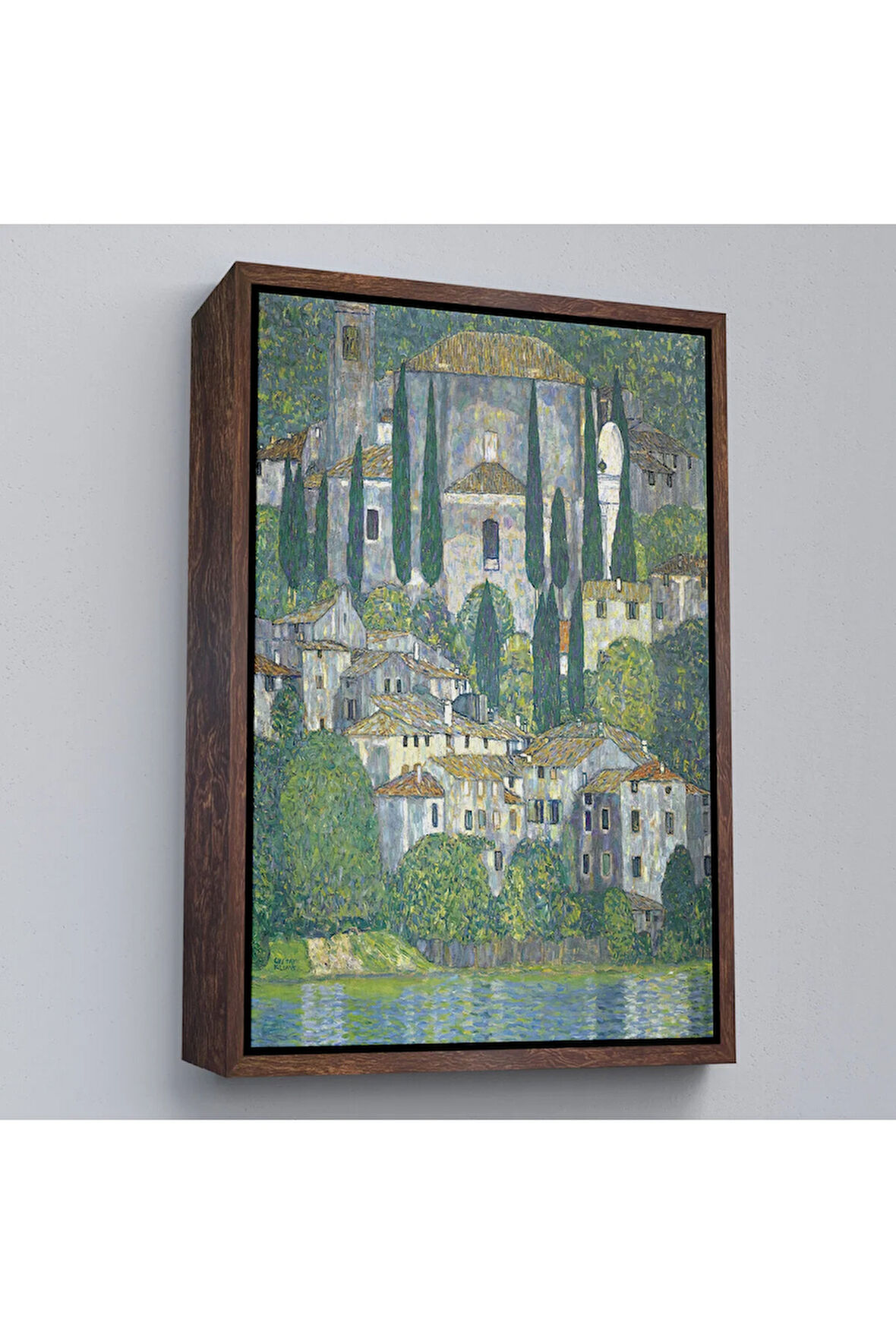 Ahşap Çerçeveli Gustav Klimt - Cassone'Deki Kilise Selvili Manzara Tablosu-8095