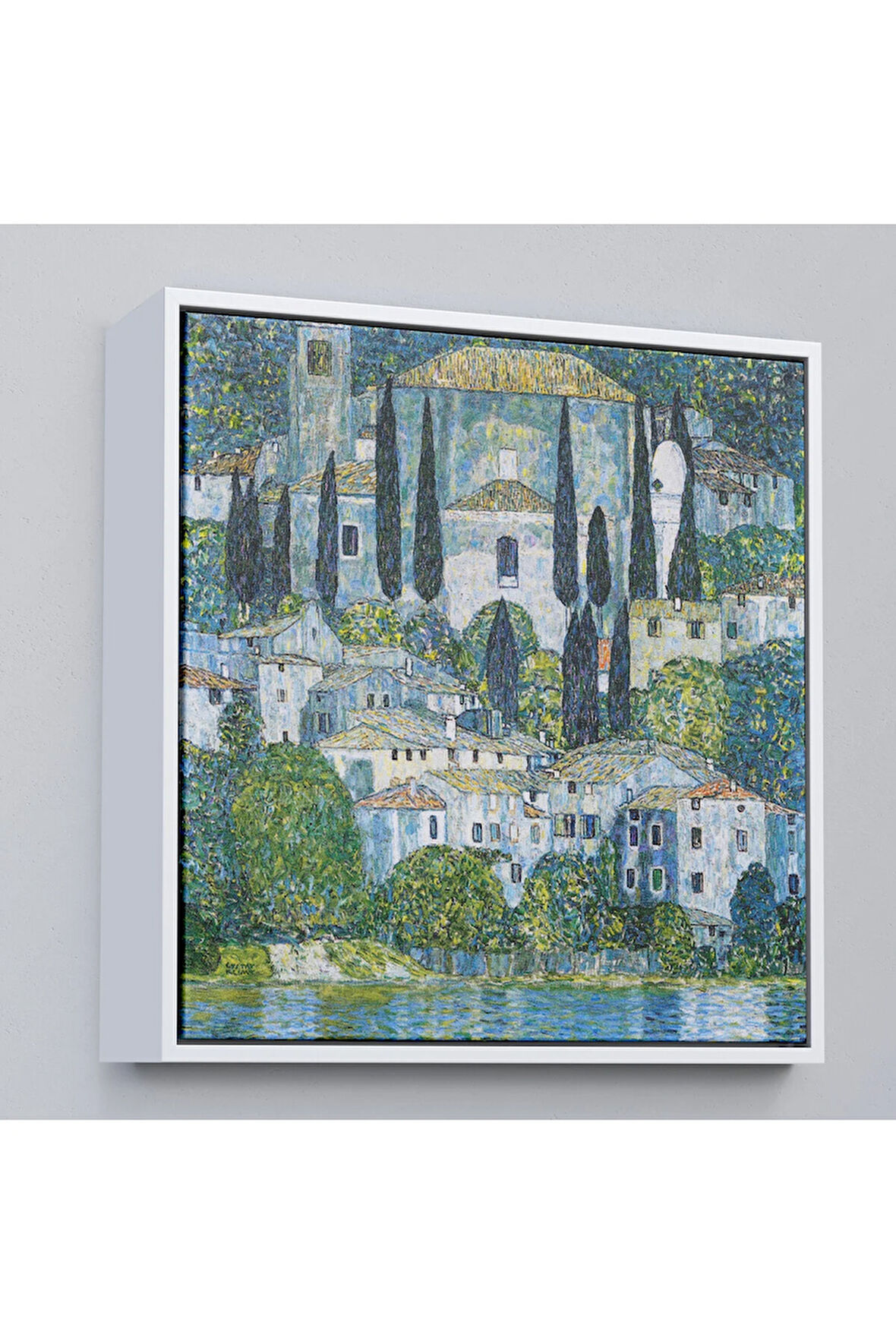 Ahşap Çerçeveli Gustav Klimt - Cassone’Deki Kilise Selvili Manzara Tablosu-8345