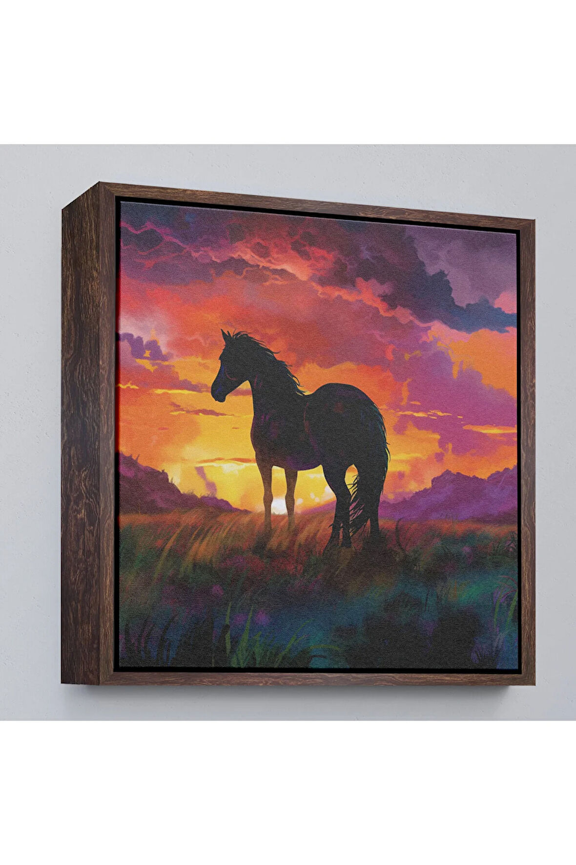 Ahşap Çerçeveli Gün Batımındaki At Tablosu-8353