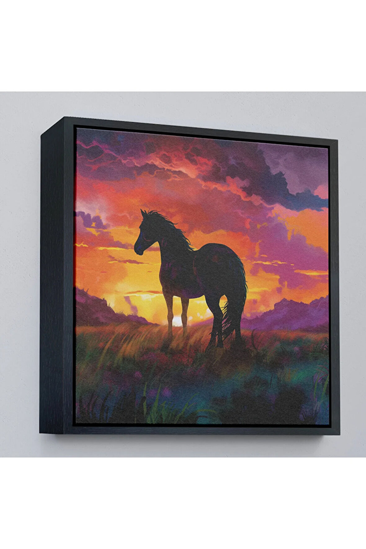 Ahşap Çerçeveli Gün Batımındaki At Tablosu-8353