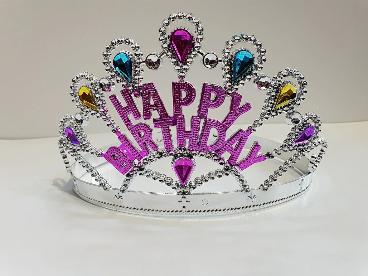 Gümüş Renk Happy Birthday Yazılı Doğum Günü Tacı 60 cm