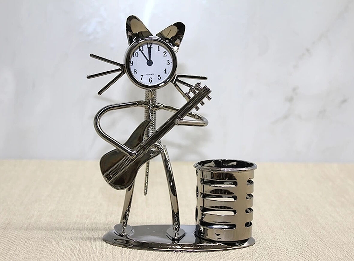 Metal Gitar Çalan Kedi Müzisyen Saat Ve Kalemlik Alk4345