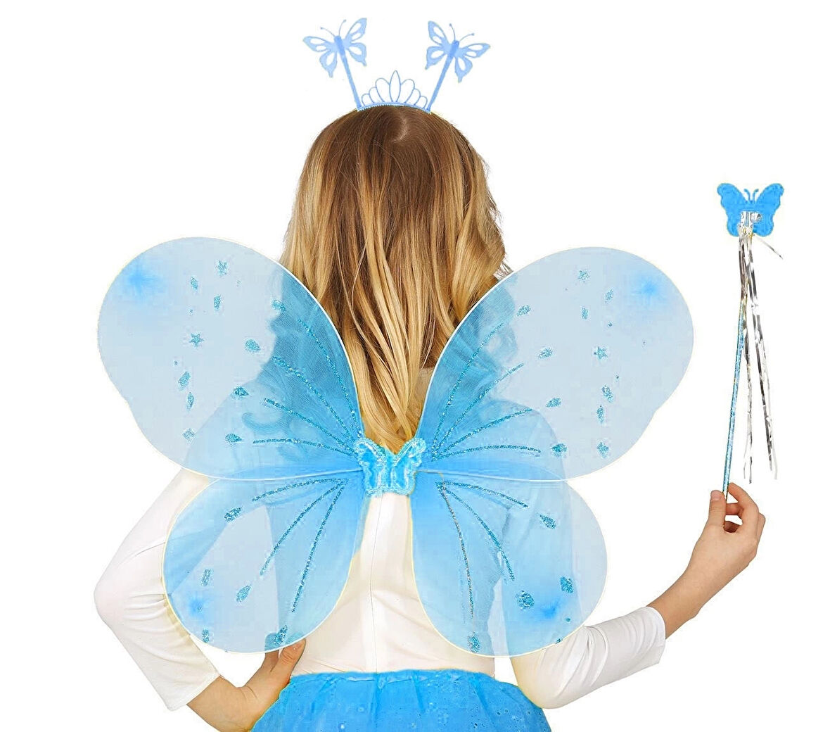 Mavi Kelebek Erkek-kız Seti – 50 Cm Kelebek Kanadı, Taç Ve Asa