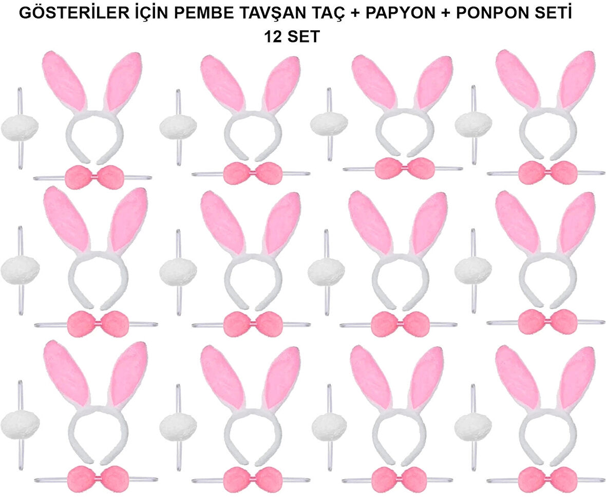 Pembe Tavşan Kostüm Seti – Taç, Papyon, Ponpon (12’li Paket)