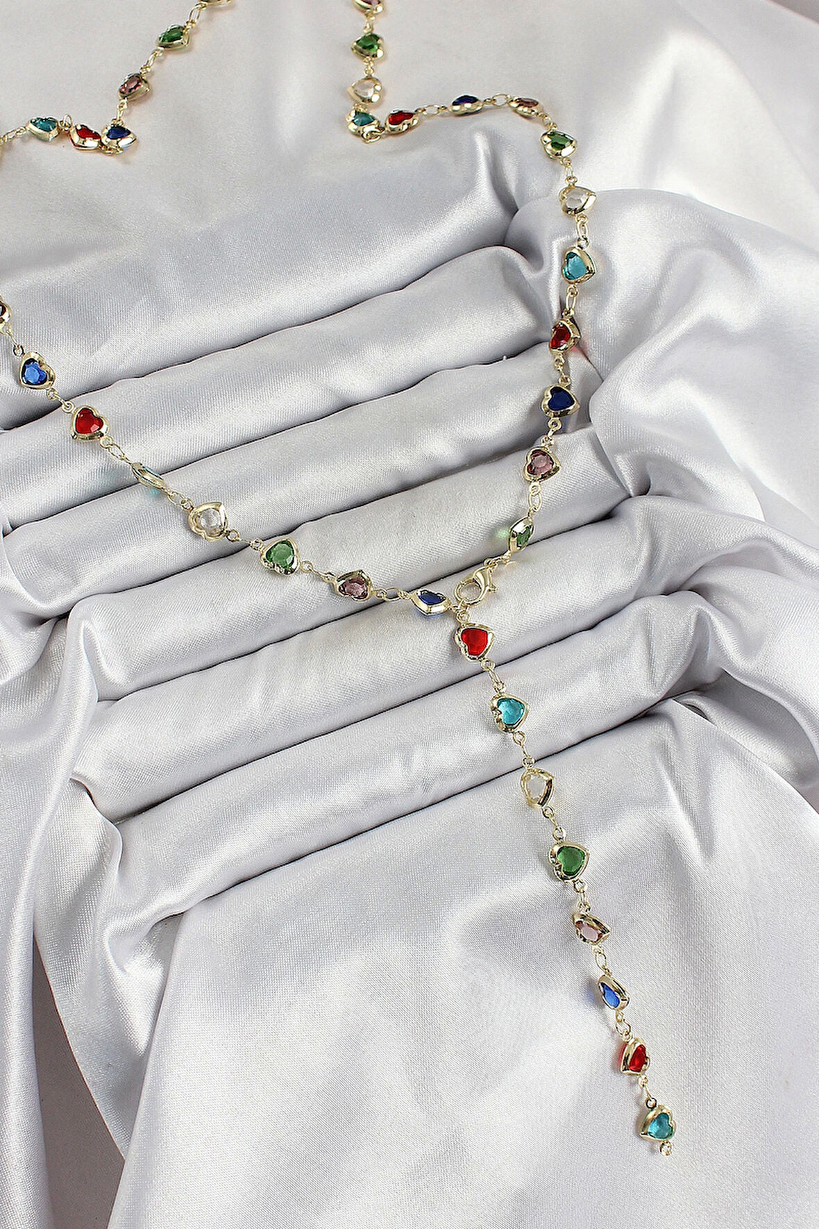 Pirinç Gold Renk Karışık Renk Zirkon Taşlı Kalpli Y Kadın Kolye