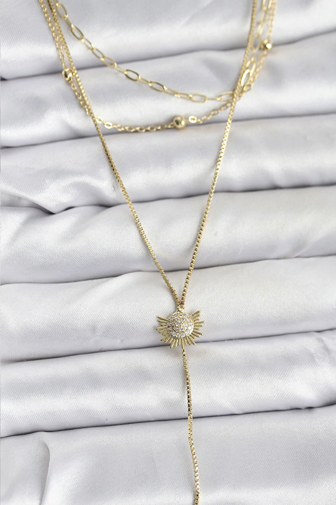 Pirinç Gold Renk Zirkon Taşlı Güneş Model Detaylı 3'lü Kombin Y Kadın Kolye