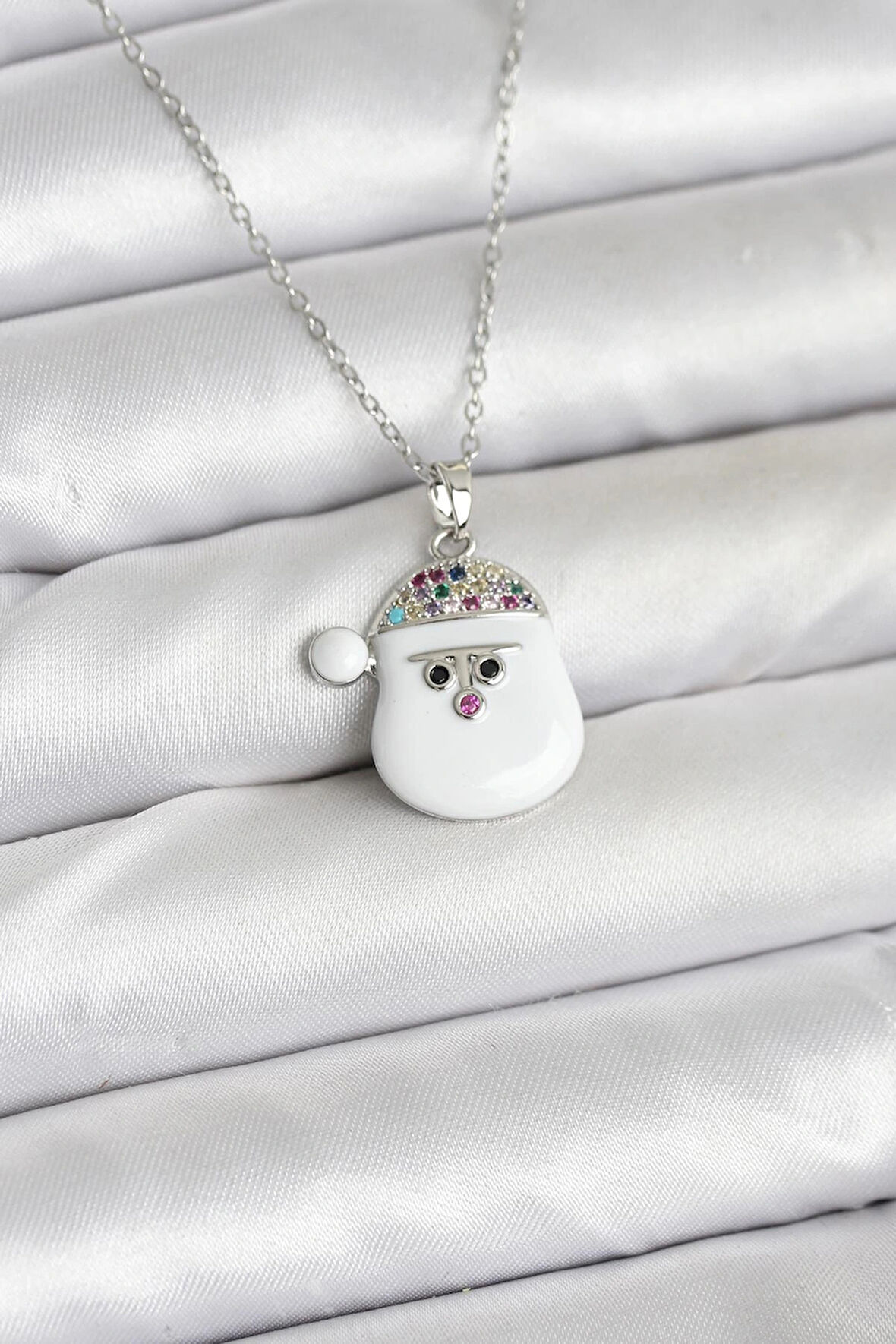 316L Çelik Zincir Gümüş Renk Şapkalı Kardan Adam Kafası Model Yılbaşı Temalı Kadın Kolye