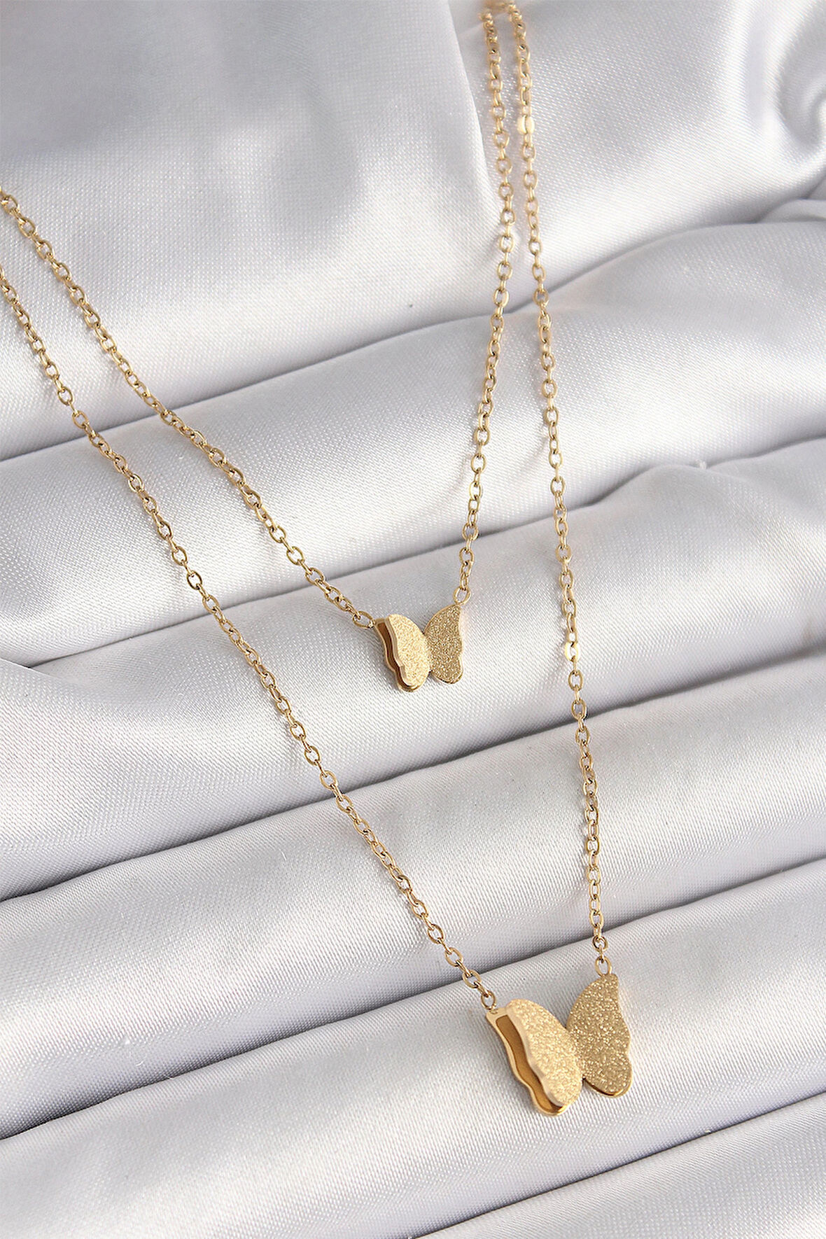 316L Çelik Gold Renk 2'Li Simli Kelebek Model Kadın Kolye