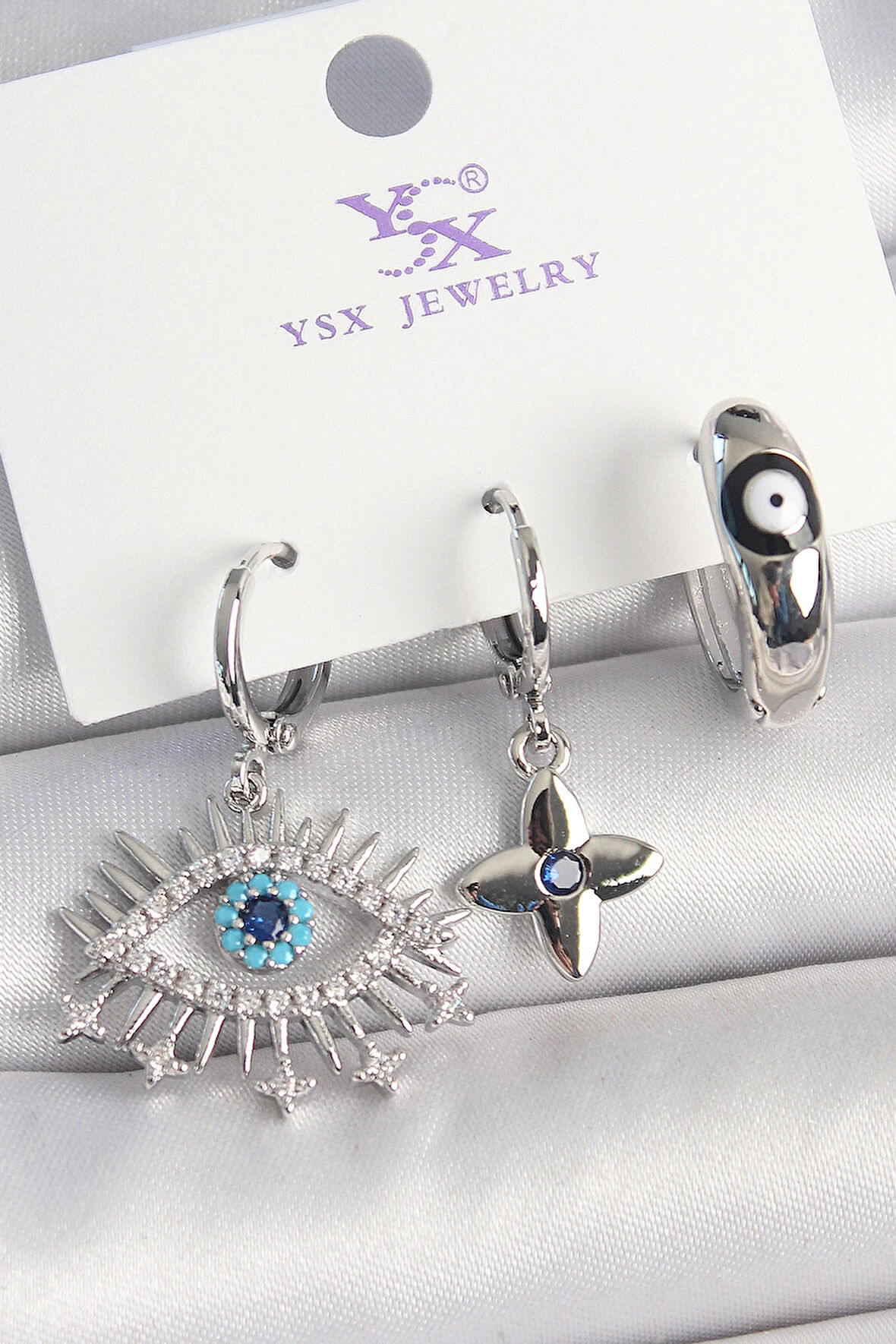 Pirinç Gümüş Renk Zirkon Taşlı Göz Model Nazar Boncuk Detay 3'Lü Kadın Kombin Küpe