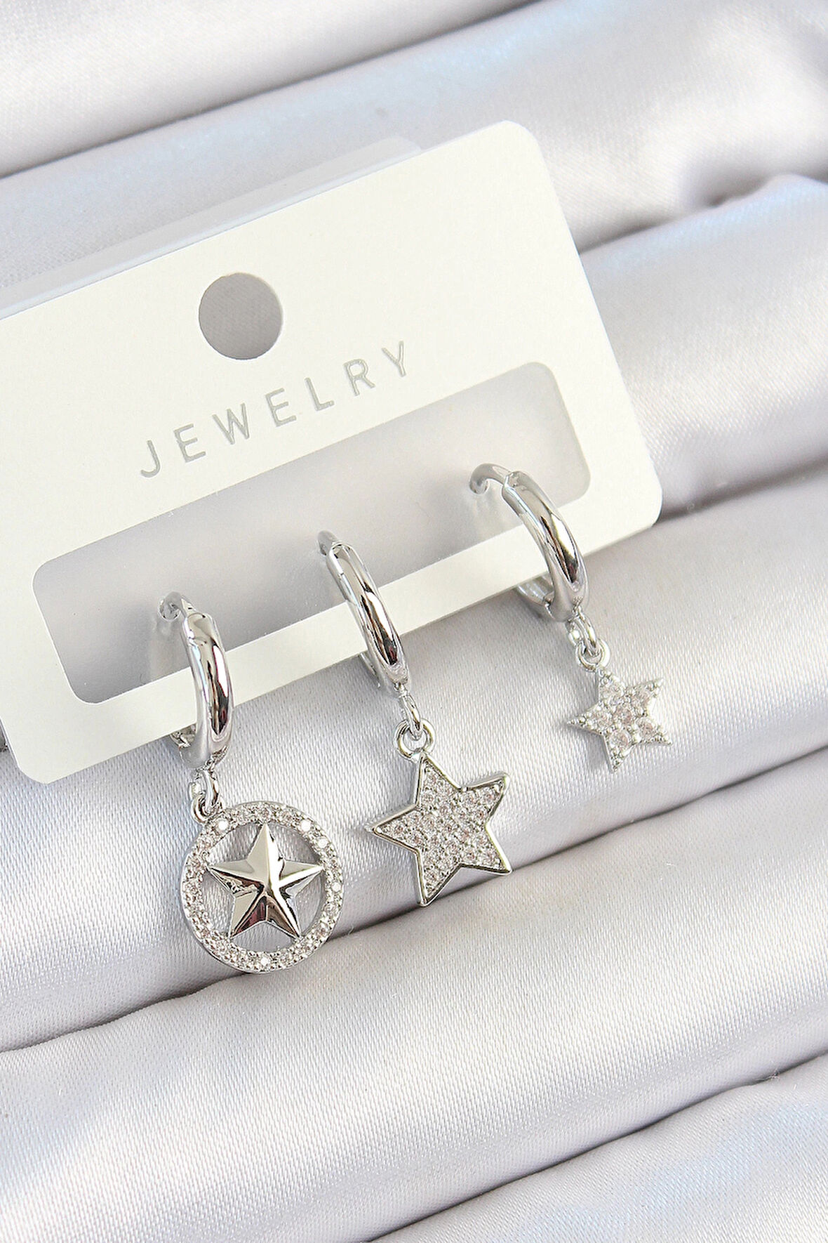 Pirinç Zirkon Taşlı Yıldız Model Gümüş Renk 3'lü Çift Kadın Küpe Set