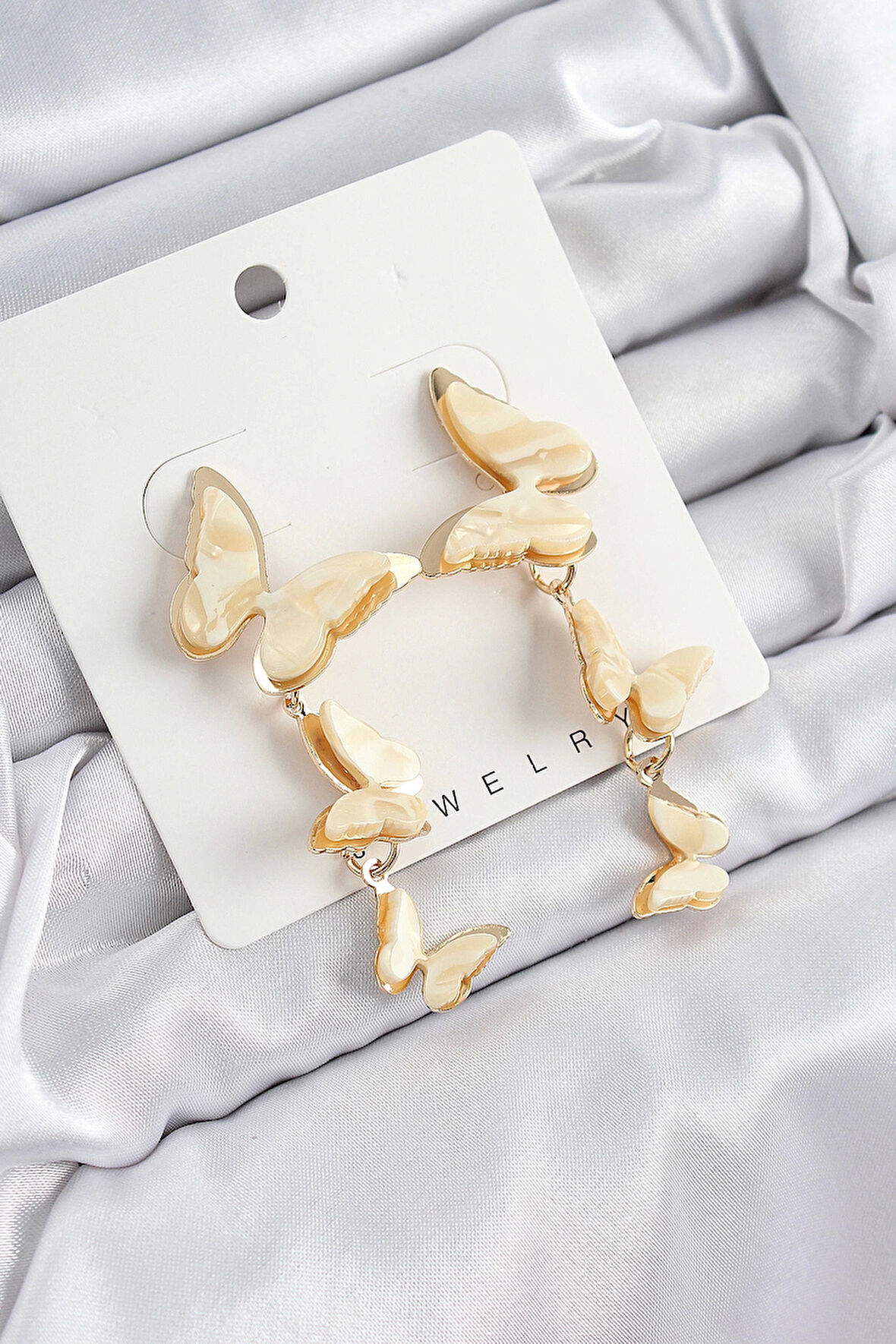 Pirinç Sedef Sallantılı Mermer Desenli Kelebek Model Gold Renk Vintage Kadın Küpe