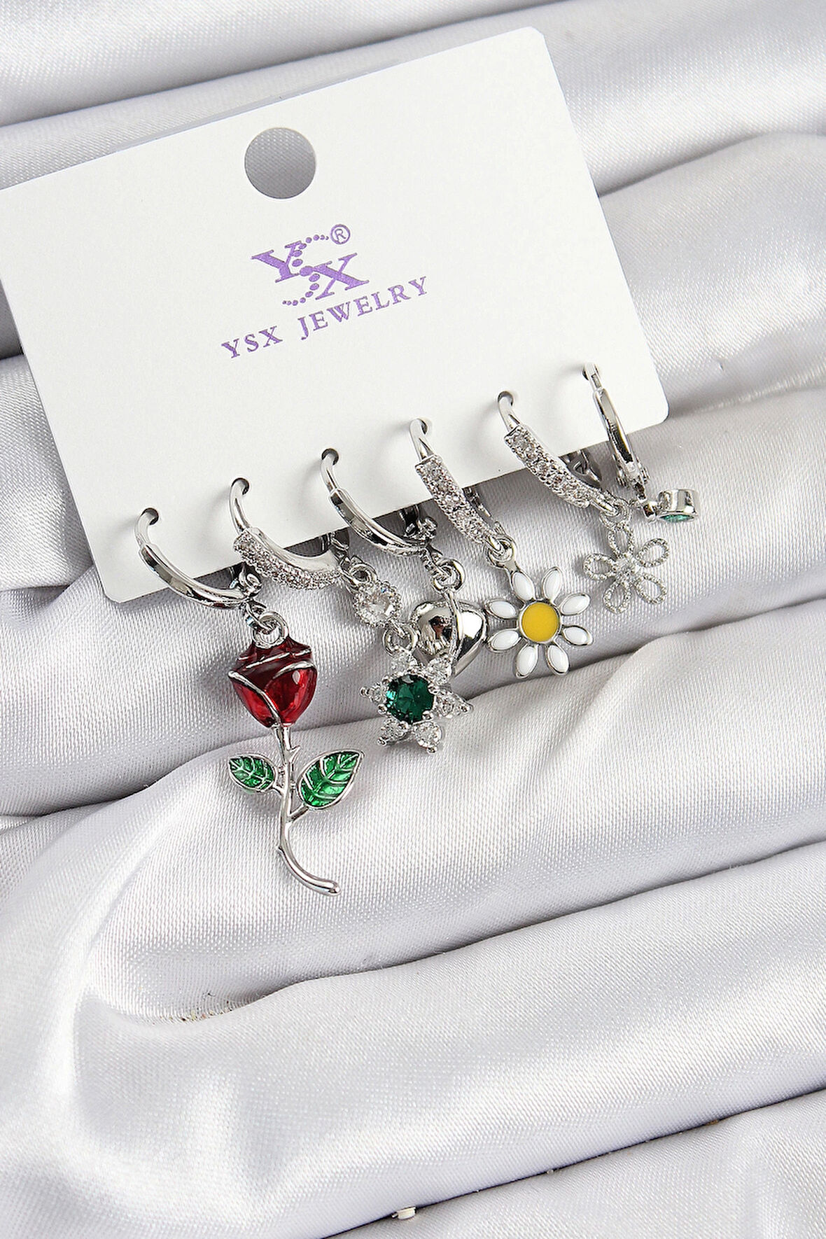 Pirinç Zİrkon Taşlı Gül Ve Papatya Model Gümüş Renk 3'lü Çift Kadın Küpe