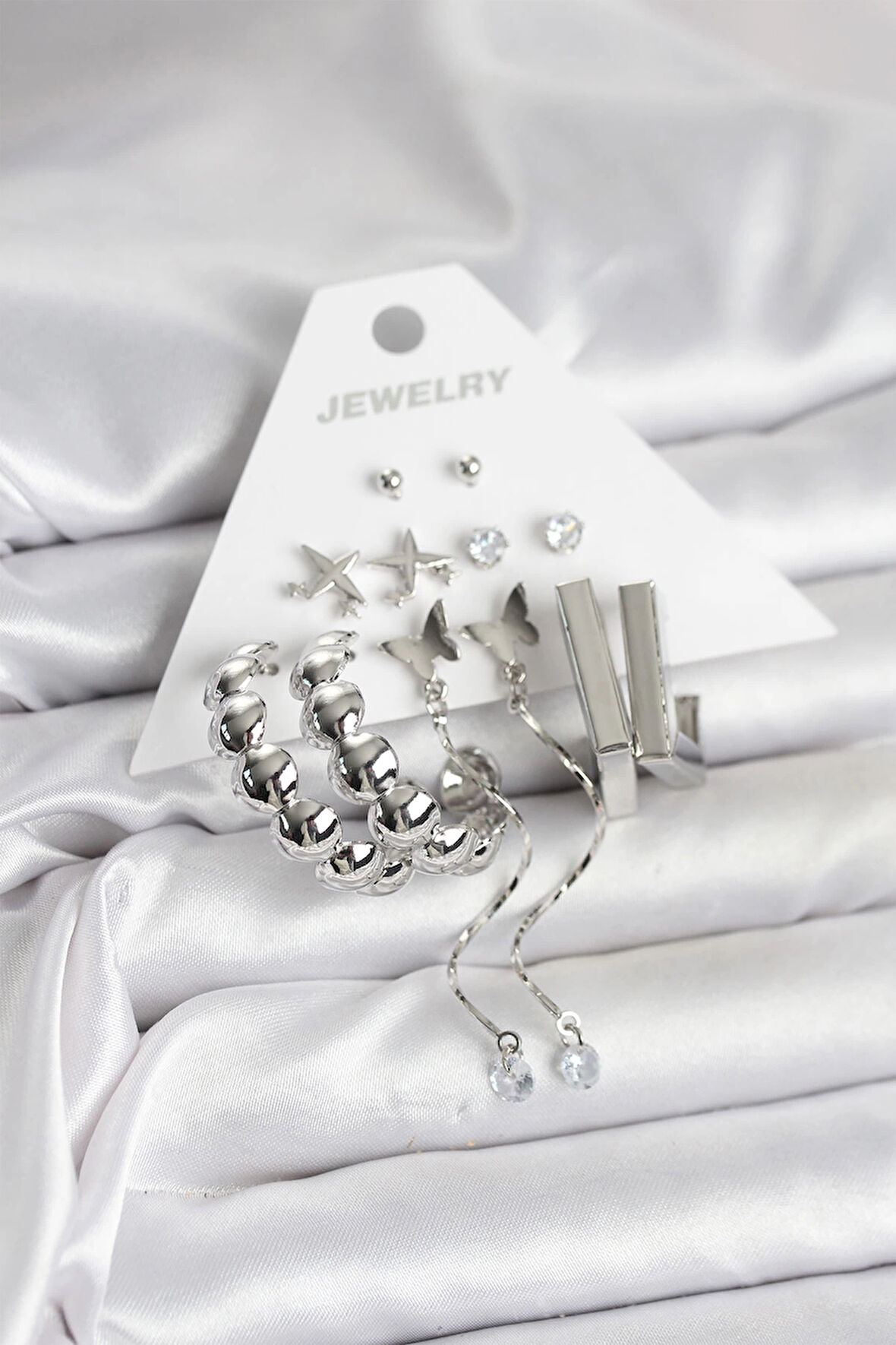 Gümüş Renk Pirinç 6'lı Kadın Küpe Seti