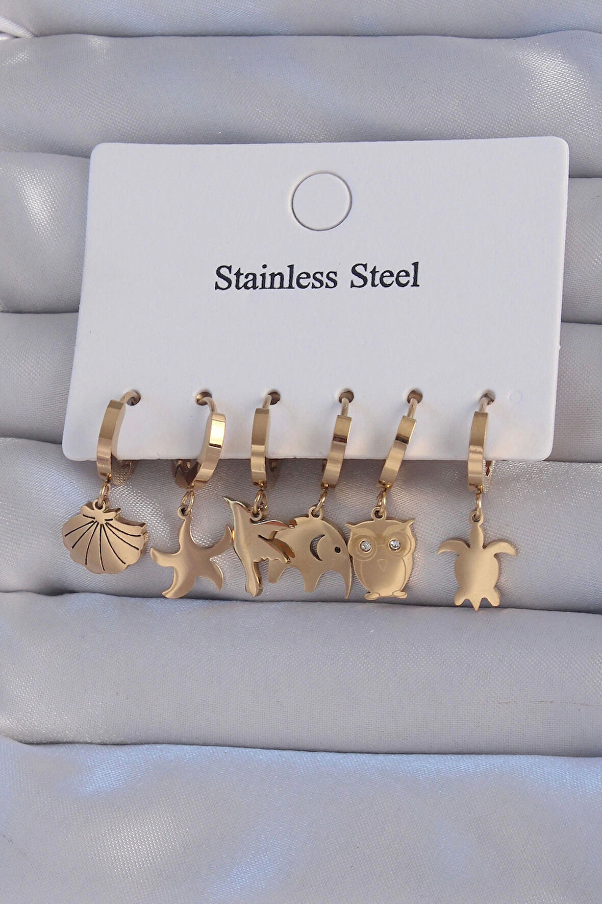 316L Çelik Gold Renk Zirkon Taşlı Hayvan Figürlü Deniz Yıldızı Model Halka Küpe Seti