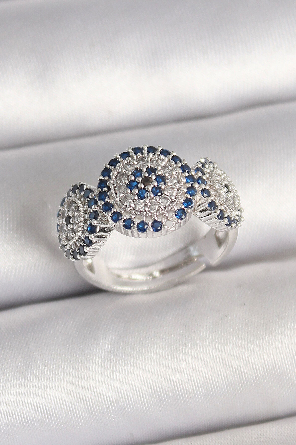 Pirinç Gümüş Renk Zirkon Taşlı Nazar Boncuk Model Ayarlanabilir Kadın Yüzük