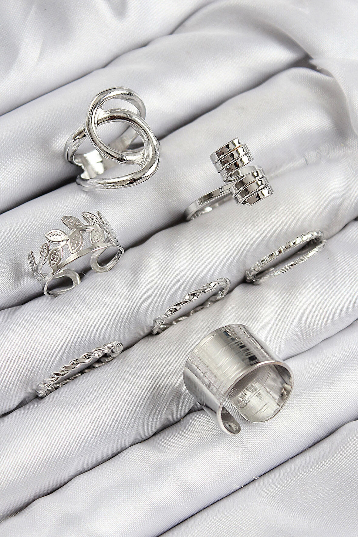 Pirinç Yaprak Model Gümüş Renk Kadın Yüzük Kombin Set