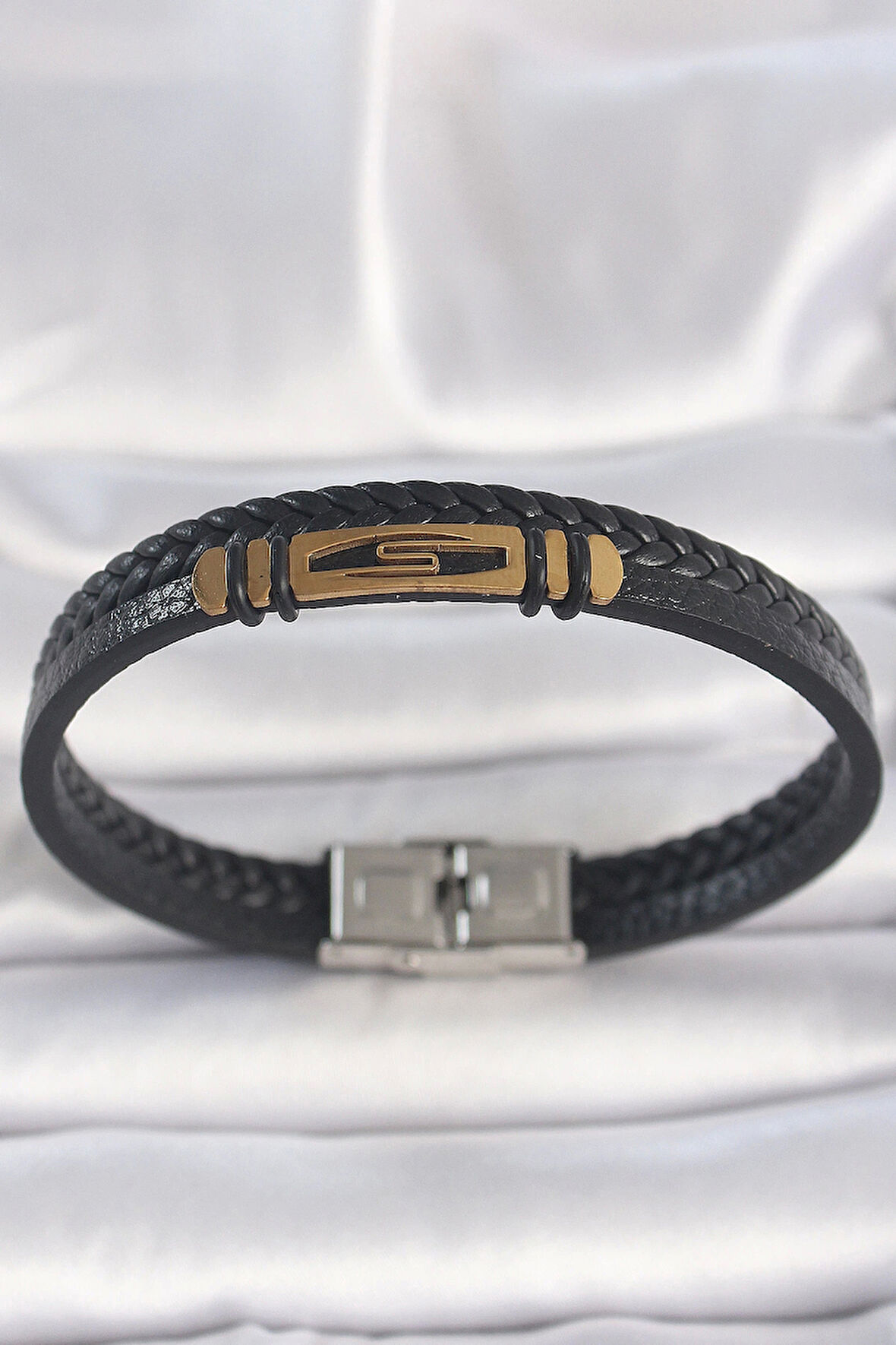 316L Çelik Gold Renk Aksesuarlı Çift Sıra Siyah Burgu Desenli Deri Kordon Erkek Bileklik