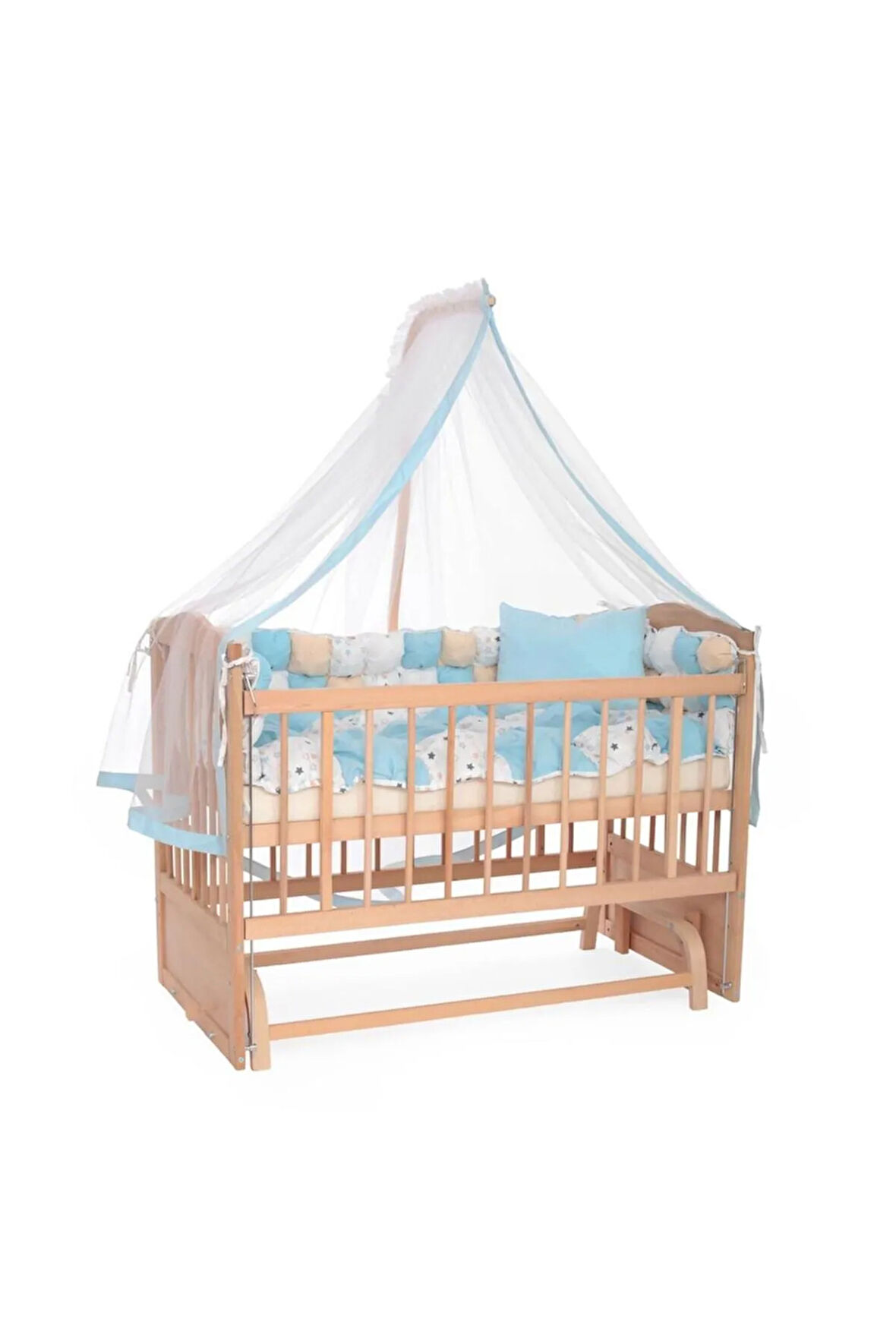 Ahşap Beşik Anne Yanı Beşik Organik (BOYASIZ) 60x120 - Kare Işlemeli Uyku Seti Ve Yataklı