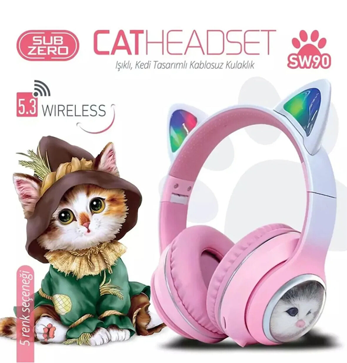 Subzero Sw-90 Catheadset 5.3 Wireless Katlanabilir Işıklı Bluetooth Kulaklık