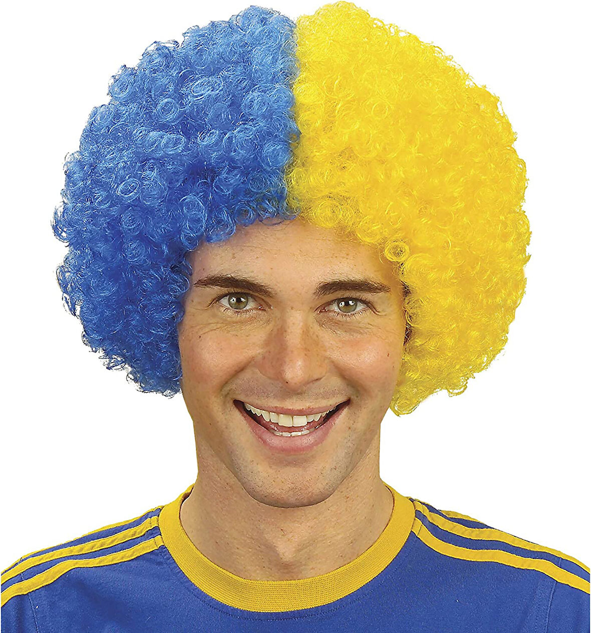 Sarı Lacivert Kıvırcık Afro Bonus Taraftar Peruğu