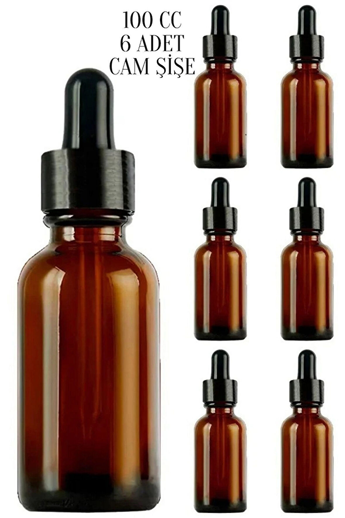 6 Adet 100 ml Amber Cam Damlalık Serum Şişesi 100 Cc Siyah Kapaklı Kahverengi Dropper Cam Şişe