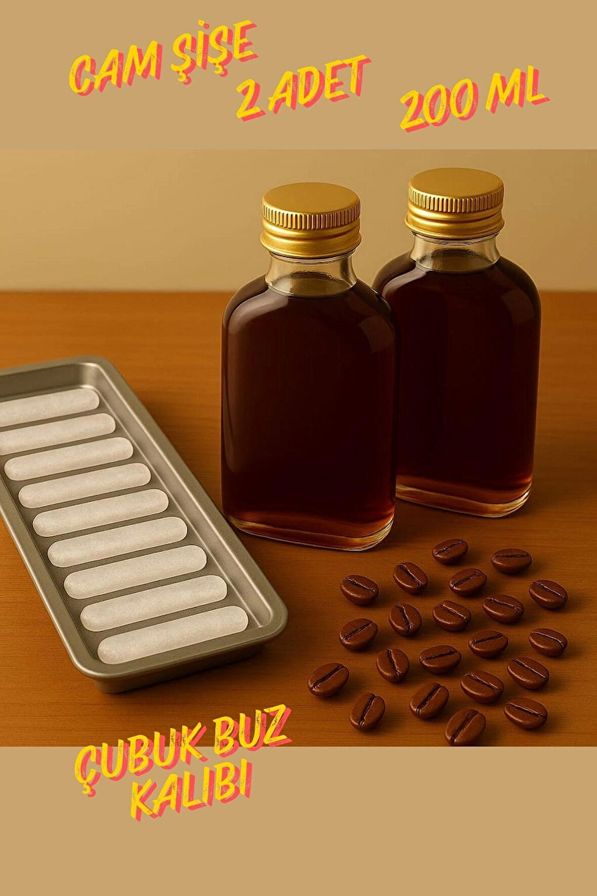 2 Adet Şeffaf Cold Brew Metal Gold Kapaklı Soğuk Kahve Yassı Cam Şişe 200 ml ve Çubuk Buz Kalıbı