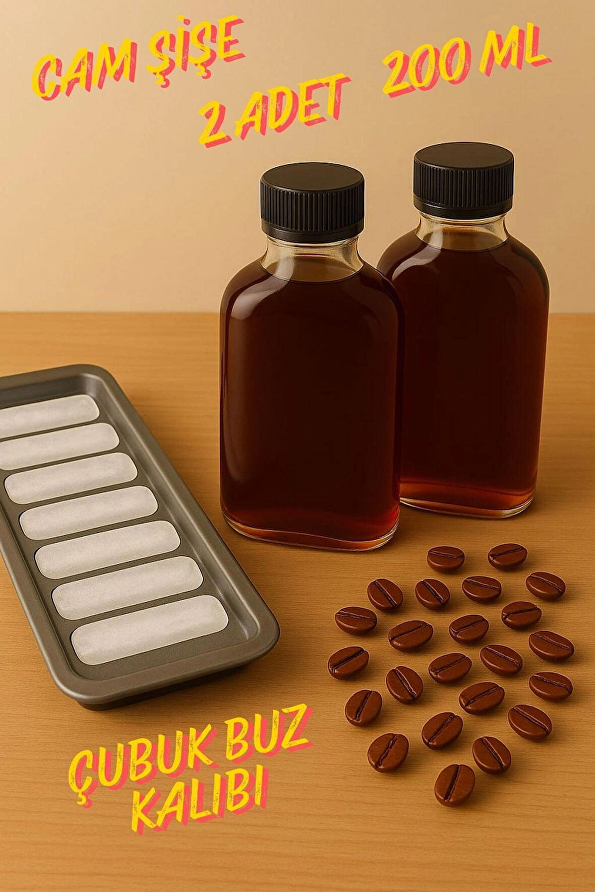 2 Adet Şeffaf Cold Brew Siyah Kapaklı Soğuk Kahve Yassı Cam Şişe 200 ml ve Çubuk Buz Kalıbı