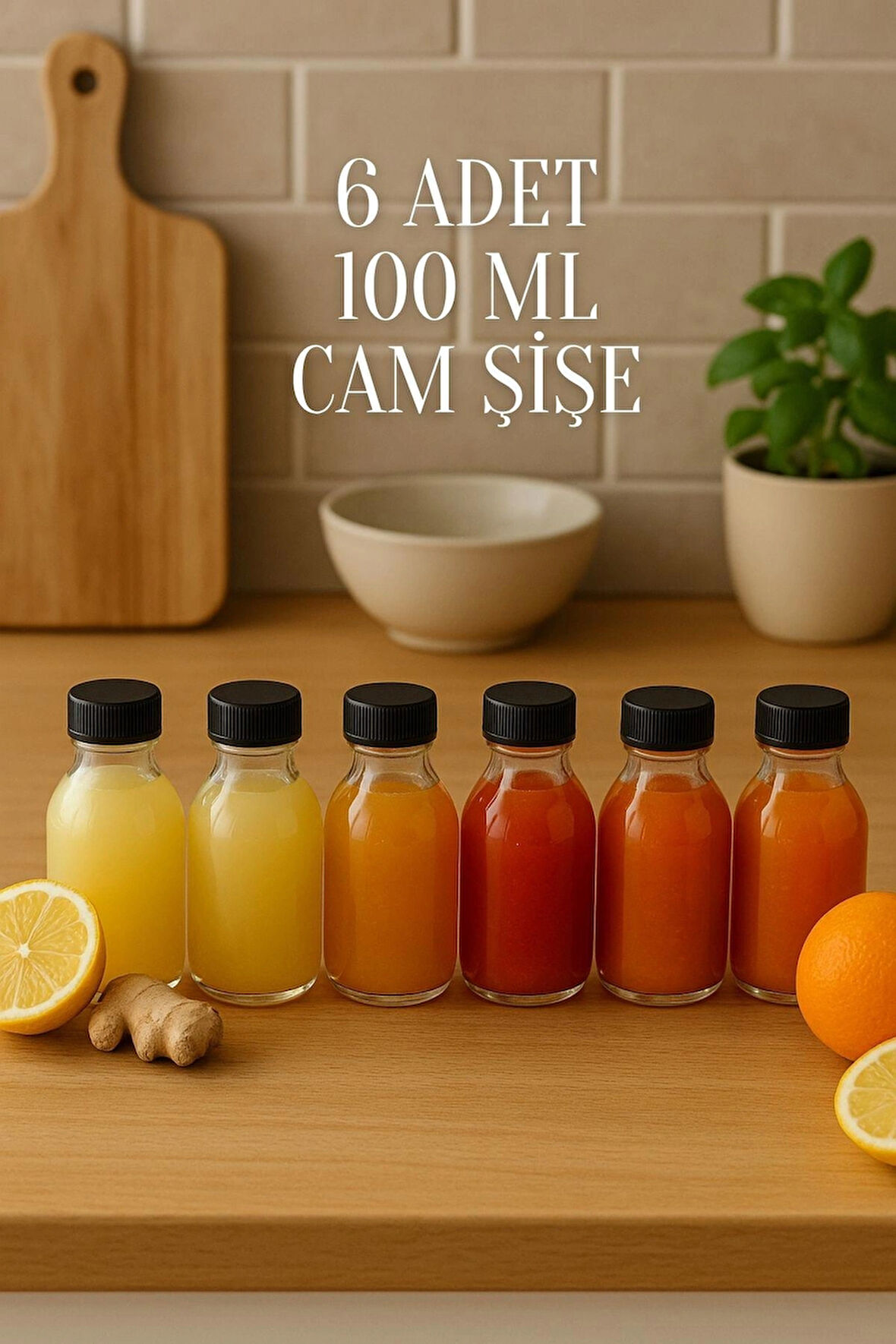 6 Adet 100 ml Kilitli Siyah Kapaklı Şeffaf Detox Shot Şişesi 100 Cc Ginger Şat Beyaz Cam Şişe