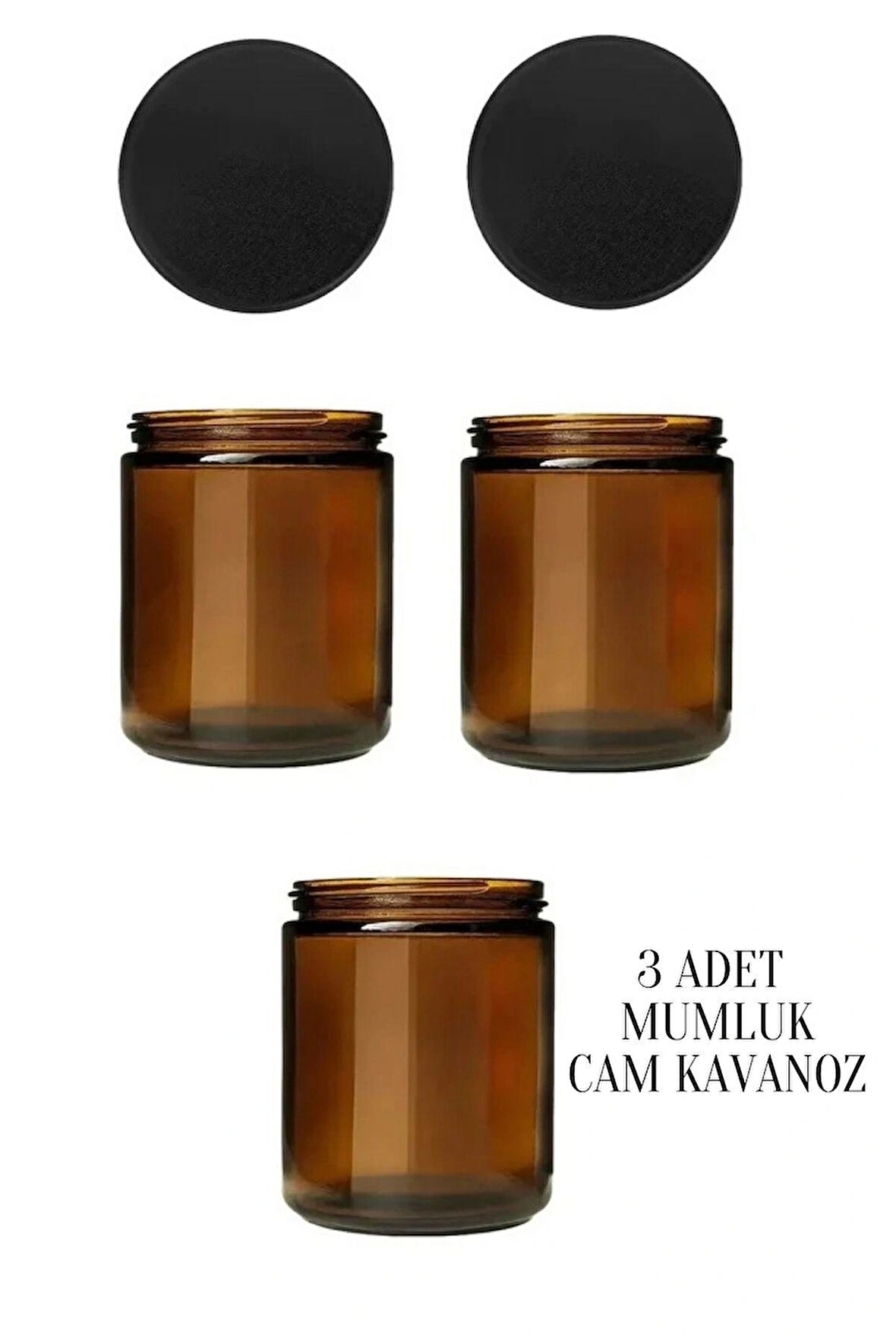3 Adet 210 ml Cam Kavanoz Amber Mumluk 210 Cc Metal Siyah Kapaklı Mum Kavanozu Kahverengi