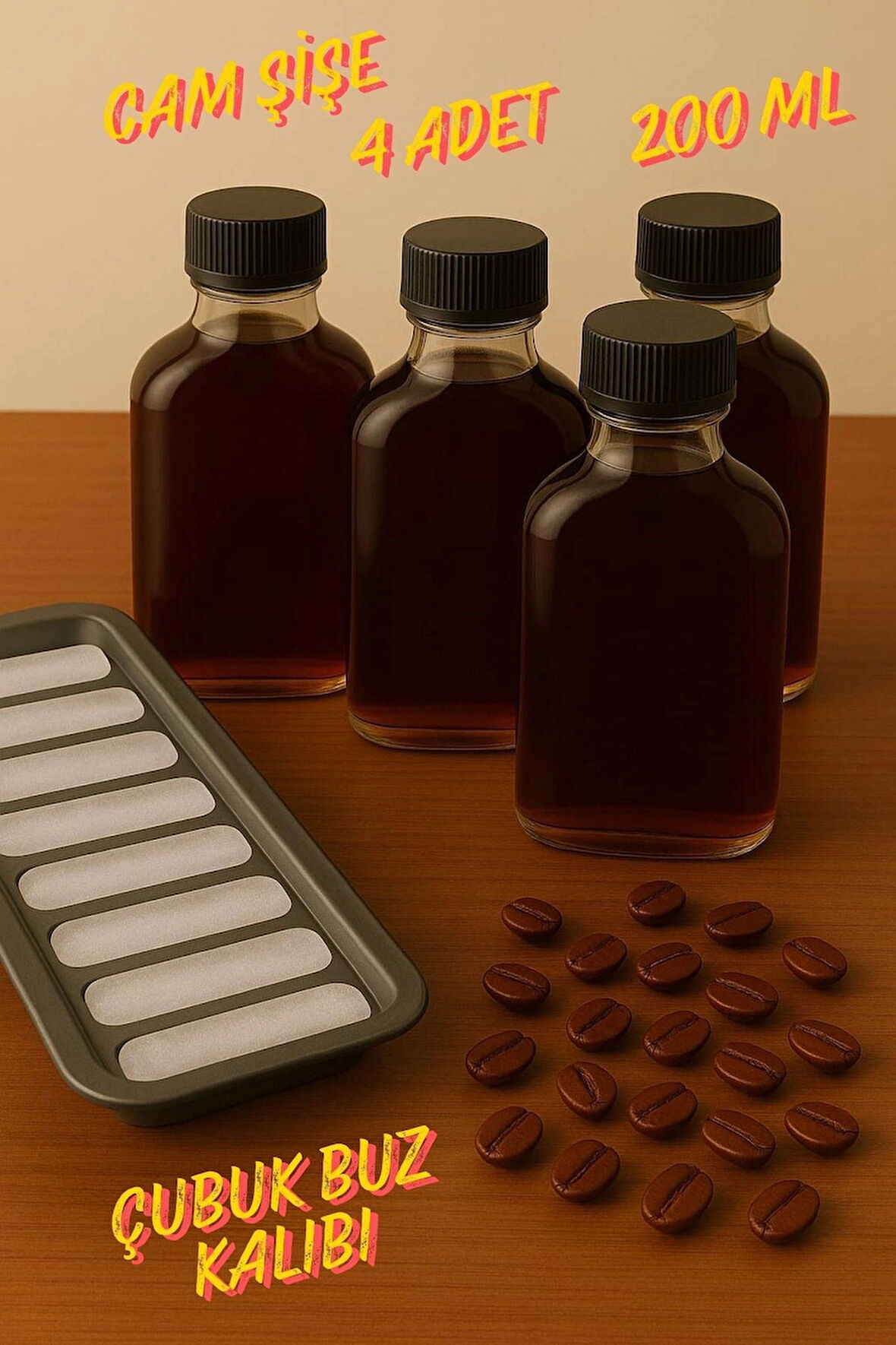 4 Adet Şeffaf Cold Brew Siyah Kapaklı Soğuk Kahve Yassı Cam Şişe 200 ml ve Çubuk Buz Kalıbı
