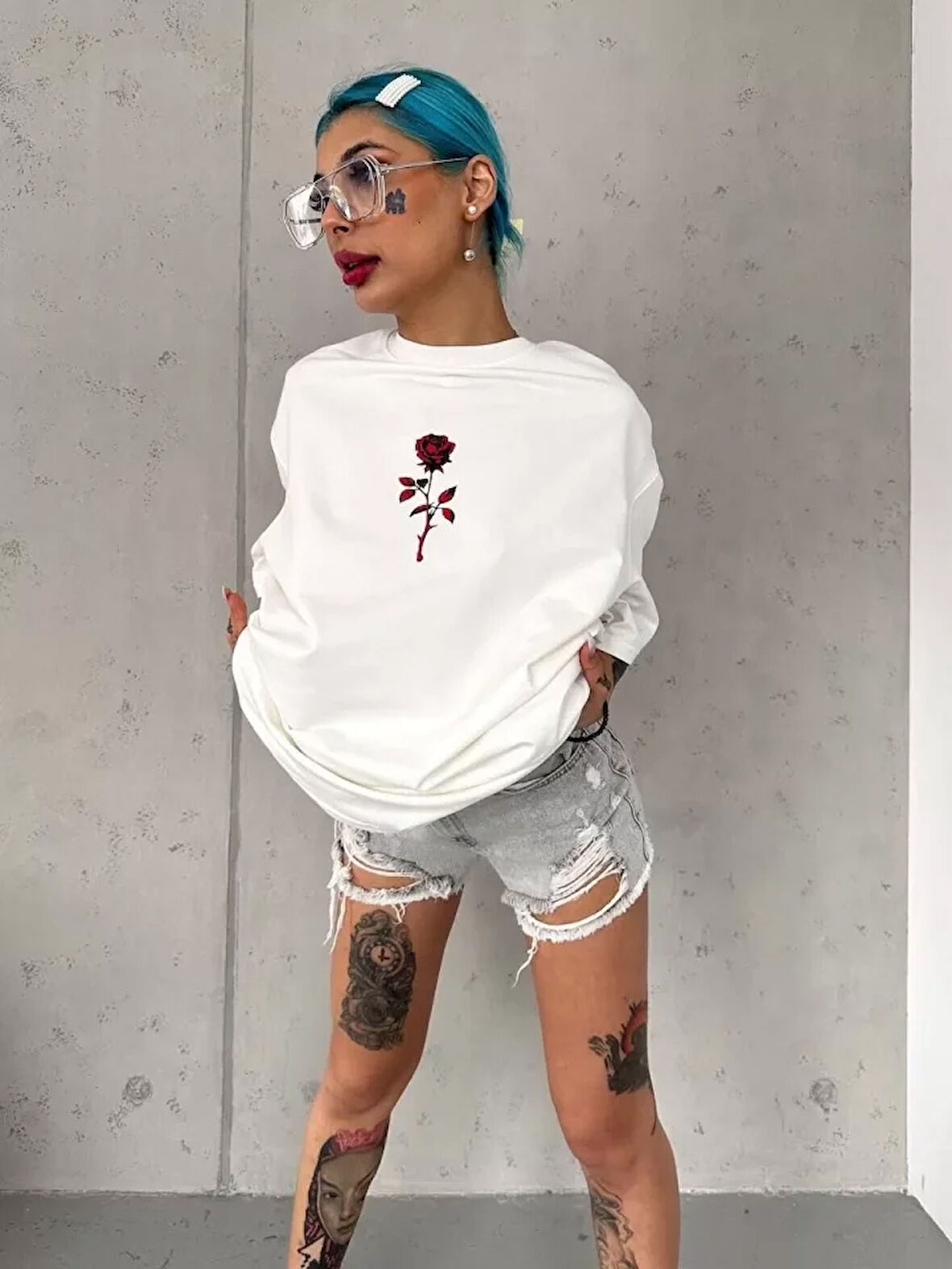 TUA MODA Unisex Bisiklet Yaka Baskılı Oversize T-Shirt - Beyaz