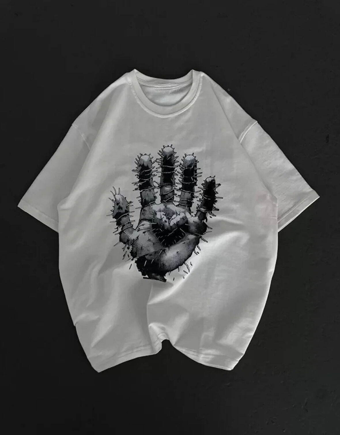 TUA MODA Unisex Bisiklet Yaka Baskılı Oversize T-Shirt - Beyaz