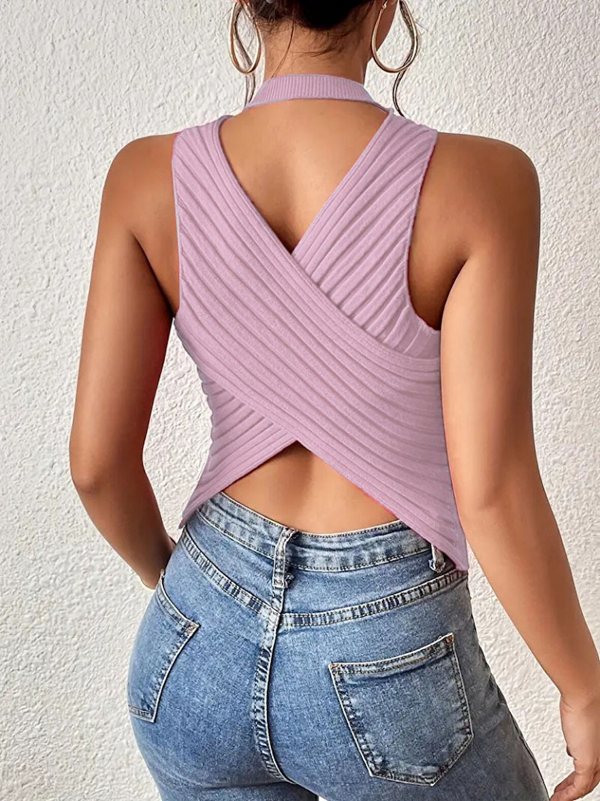 TUA MODA Kadın Kolsuz Sırt çapraz Detay Triko Bluz