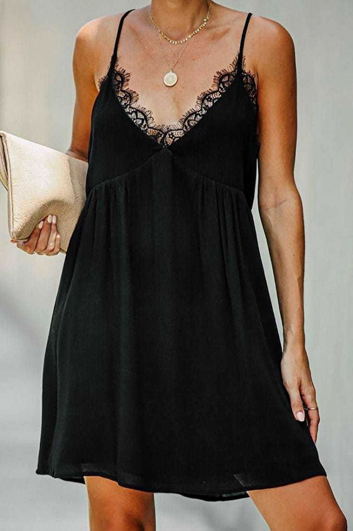 TUA MODA Kadın Askılı Dantelli V Yaka Bürümcük Kumaş Elbise