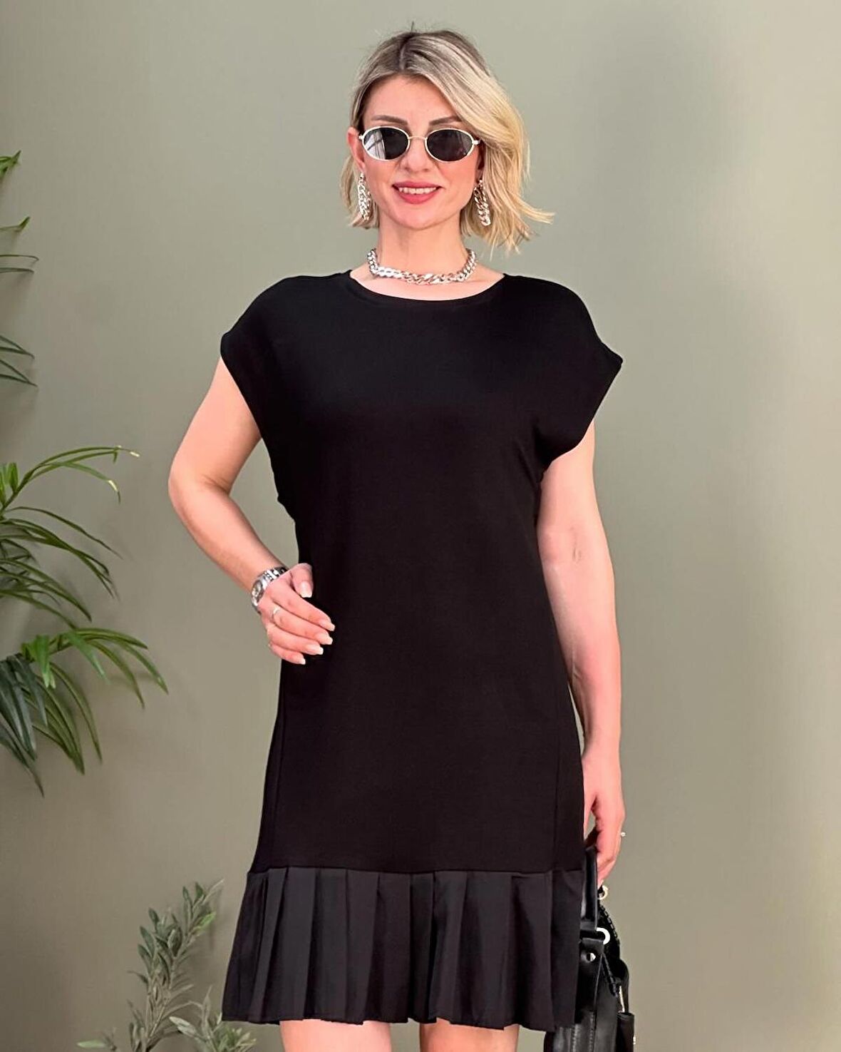 TUA MODA Kadın Viskon Kumaş Mini Tunik Detaylı Elbise