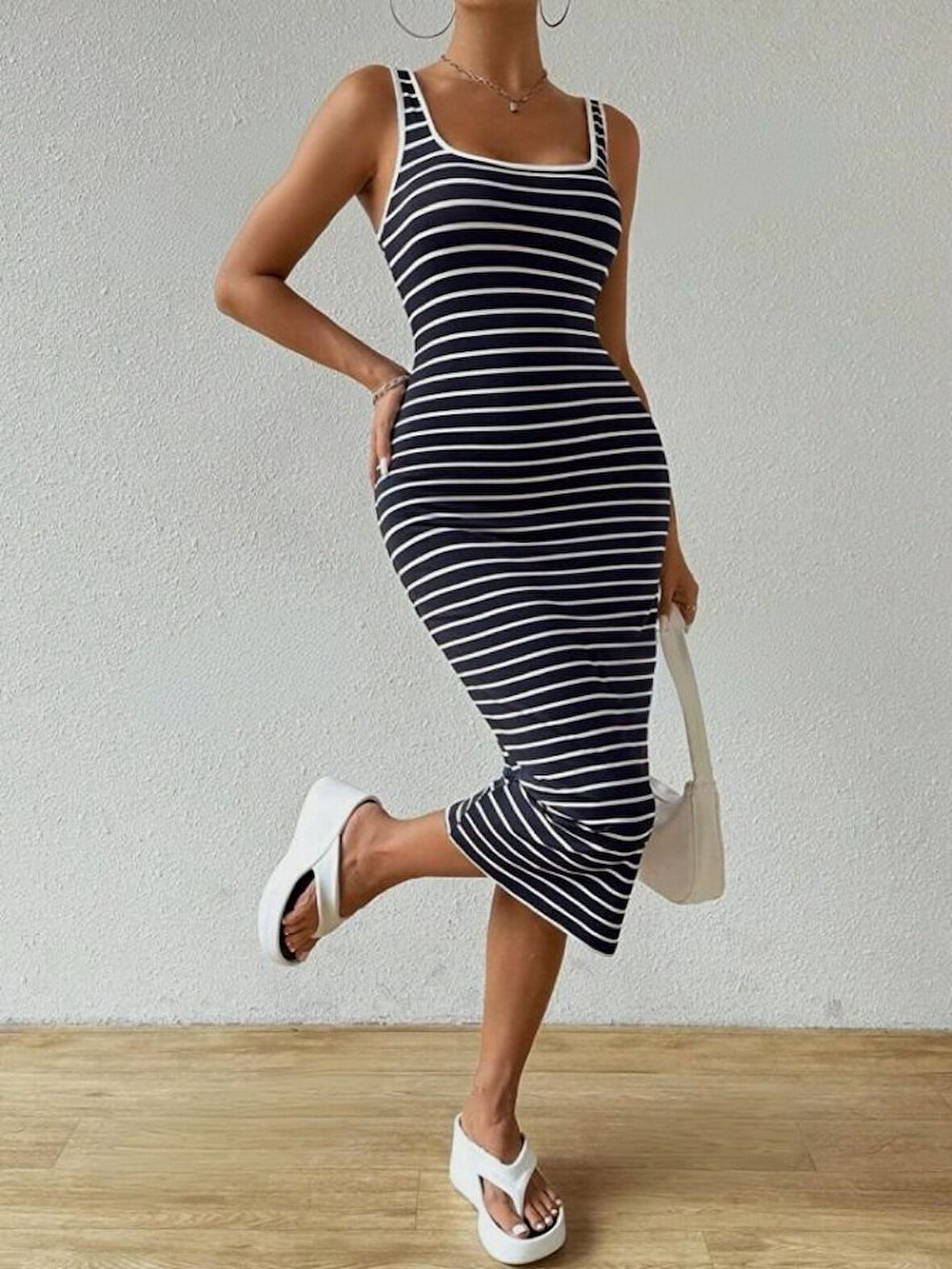 TUA MODA Kadın Kalın Askılı Geometrik Yaka çizgili Kaşkorse Elbise