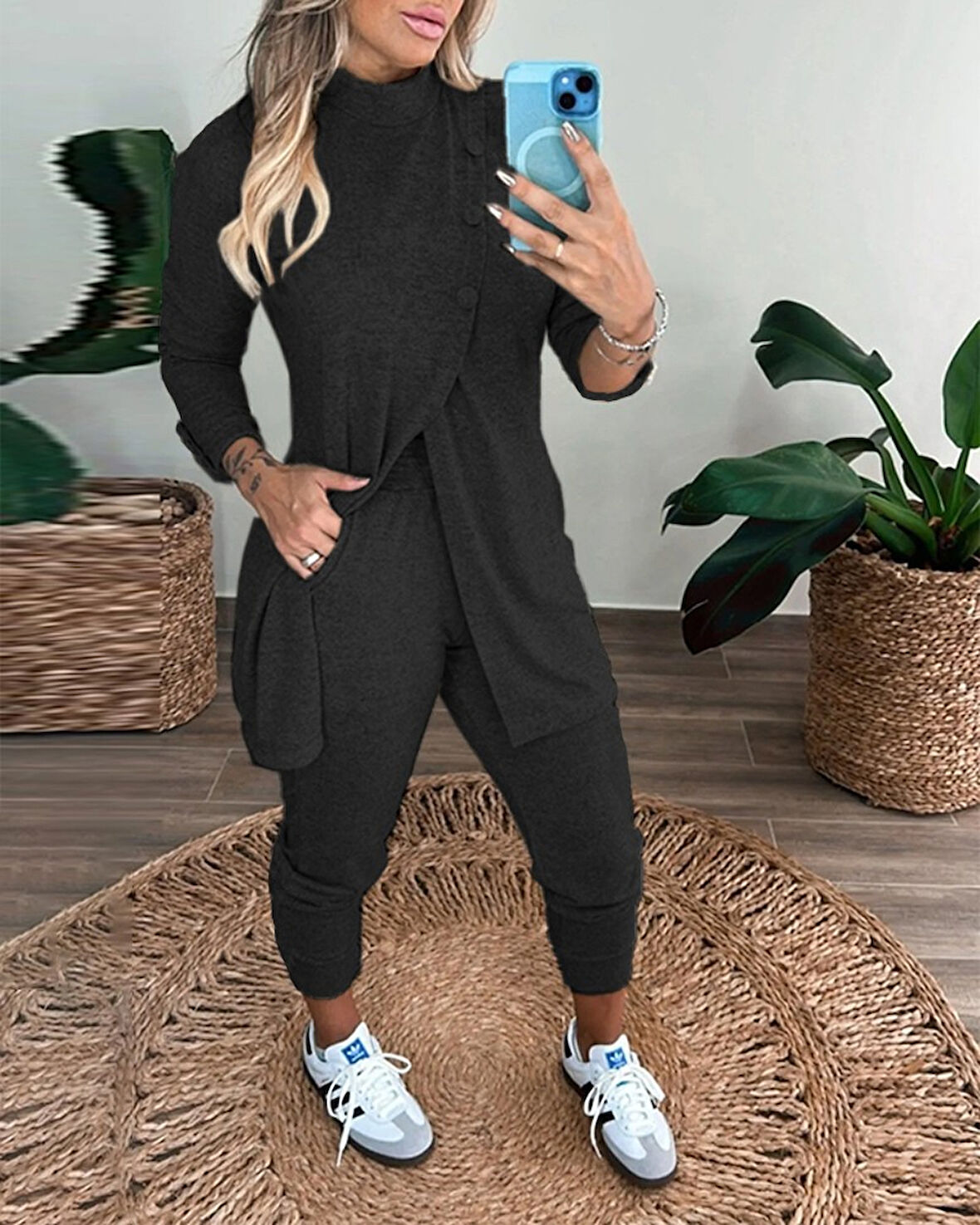 TUA MODA Kadın Uzun Kollu Balıkçı Yaka önden Düğmeli Bluz Ve Pantolon Yumoş Ikili Takım