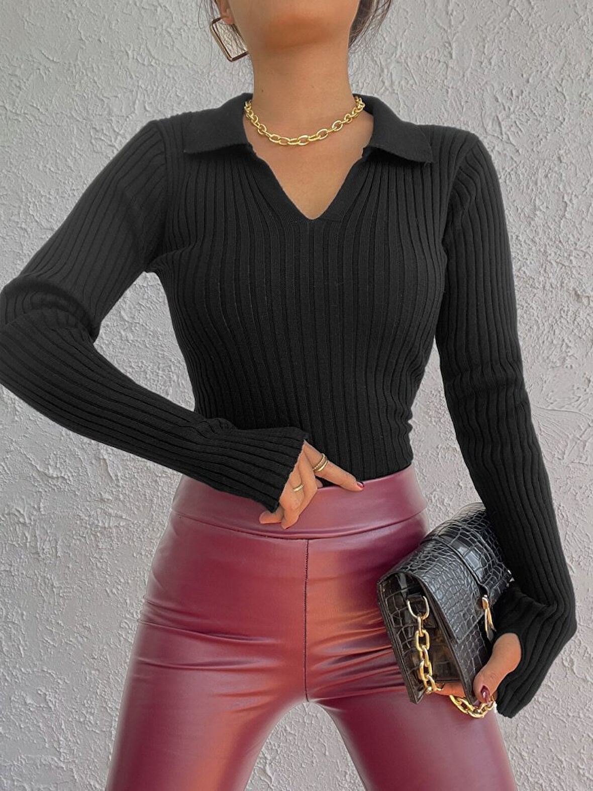 TUA MODA Kadın Siyah Polo Yaka Parmak Detay Triko Bluz 2047