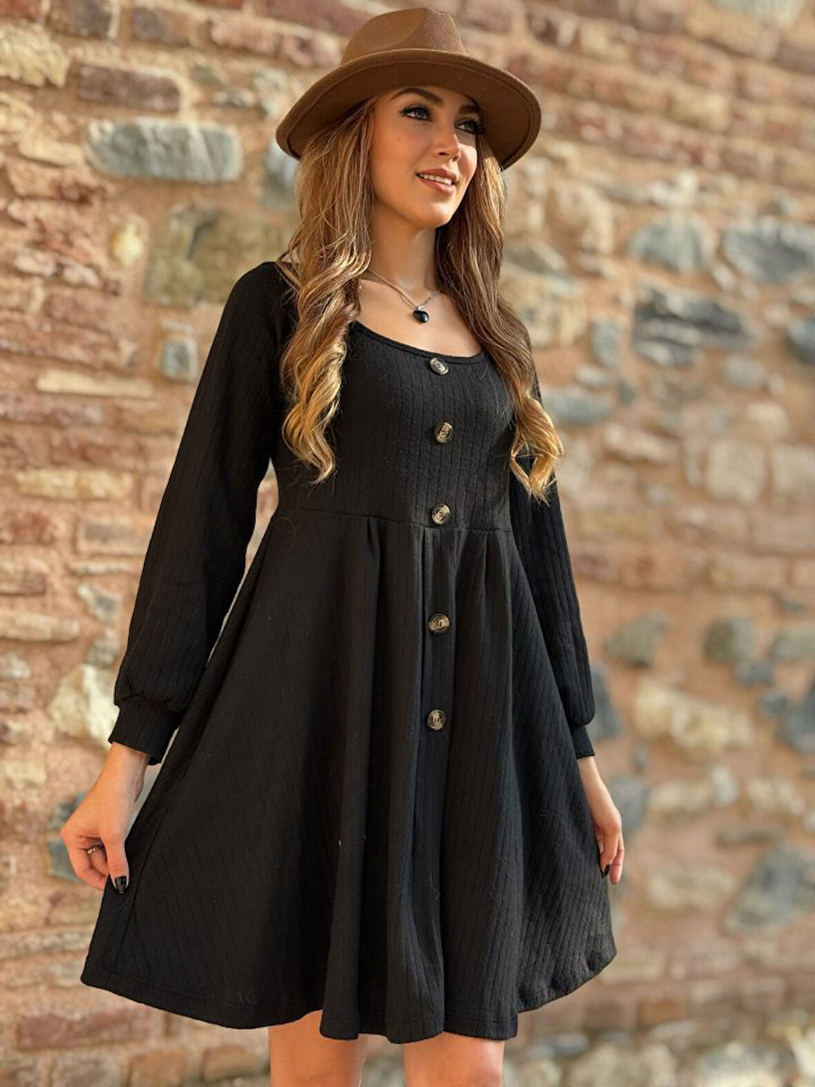 TUA MODA Kadın Uzun Kollu Kare Yaka önden Düğmeli Midi şardonlu Kaşkorse Elbise