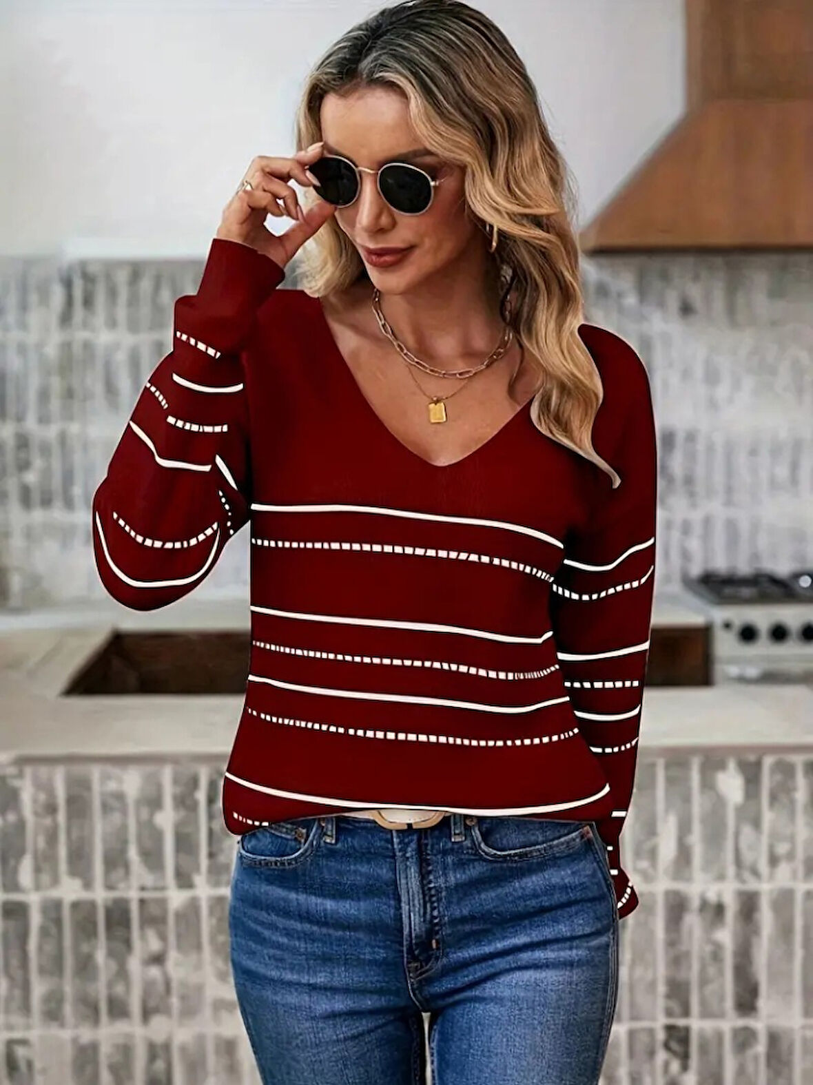 TUA MODA Kadın Uzun Kollu Derin V Yakalı çizgi Desenli Triko Bluz