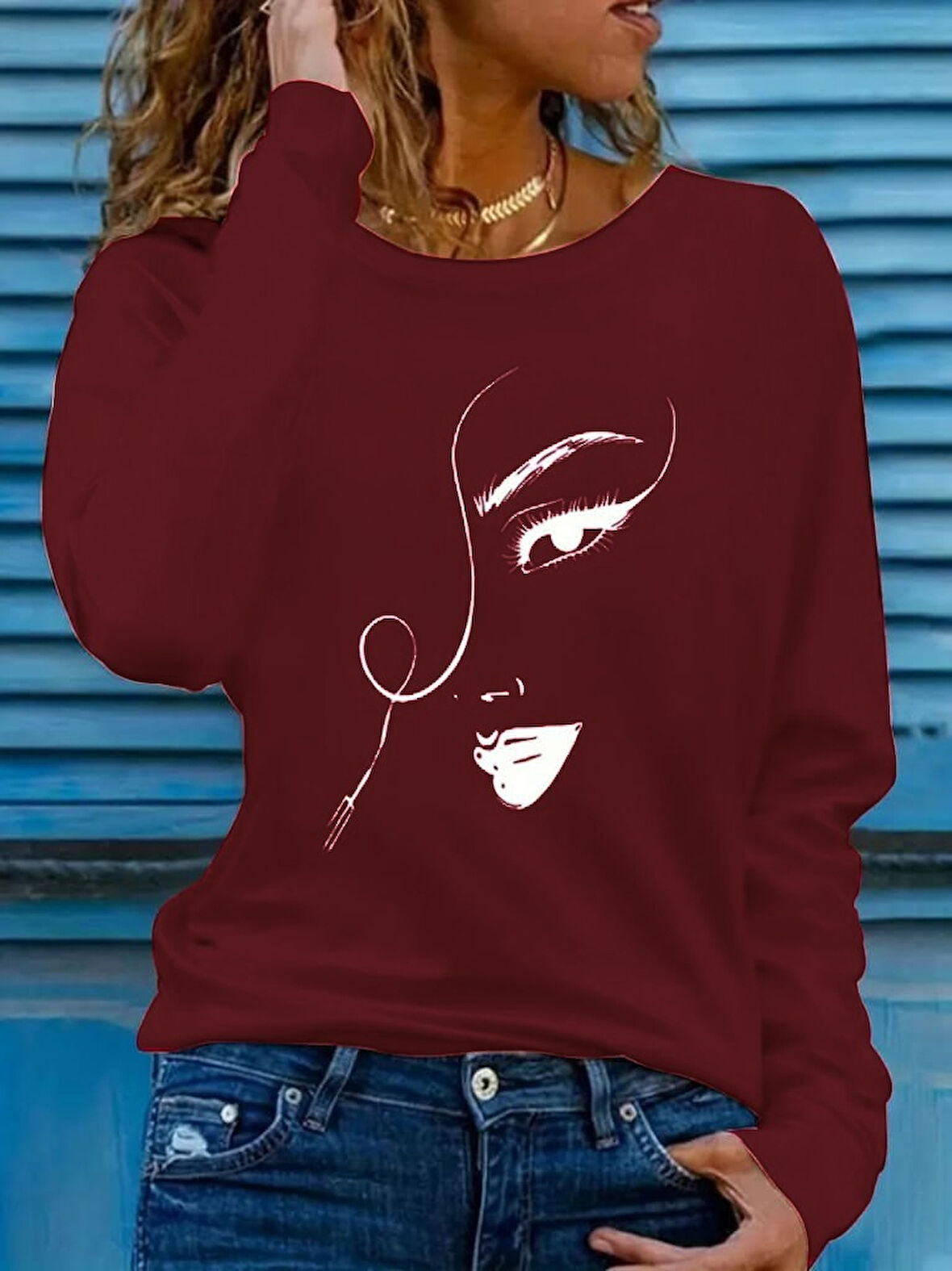 TUA MODA Kadın Uzun Kollu Bisiklet Yaka Yüz Desenli Viskon Bluz