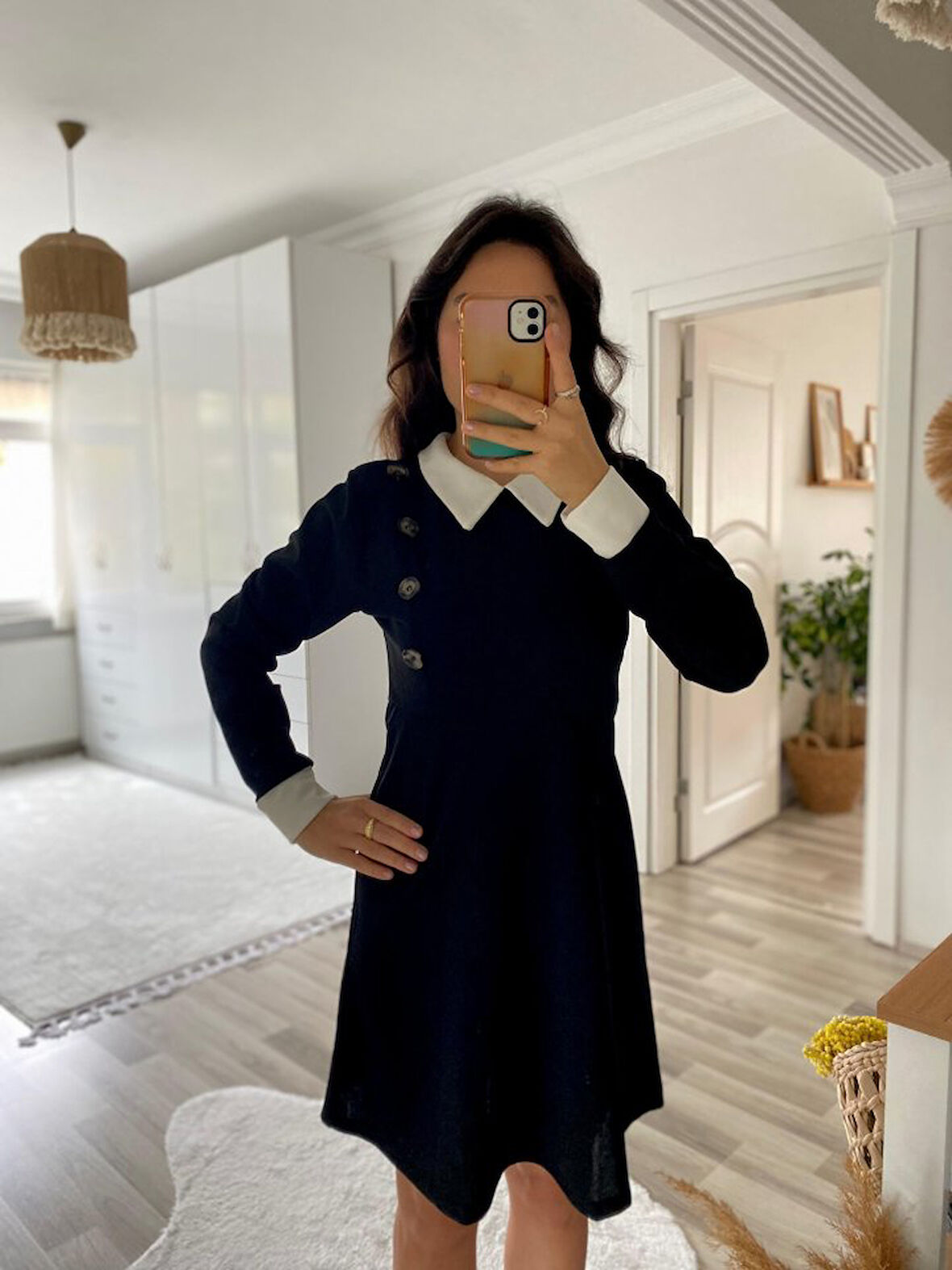 TUA MODA Kadın Uzun Kollu Yakalı A Kesim Kısa Ithal Krep Elbise