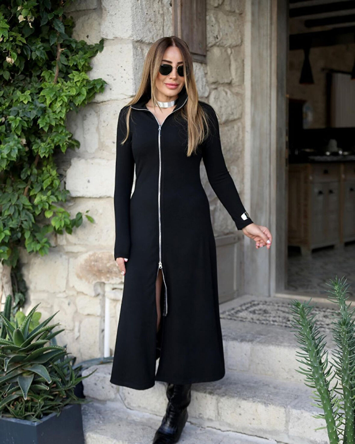 TUA MODA Kadın Uzun Kollu önden Fermuarlı Ithal Krep Elbise