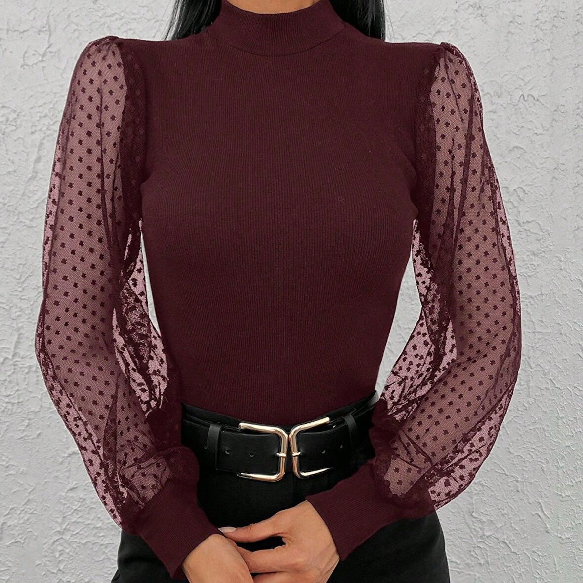 TUA MODA Kadın Uzun Kollu Tül Detaylı Yarım Balıkçı Yaka Kaşkorse Bluz